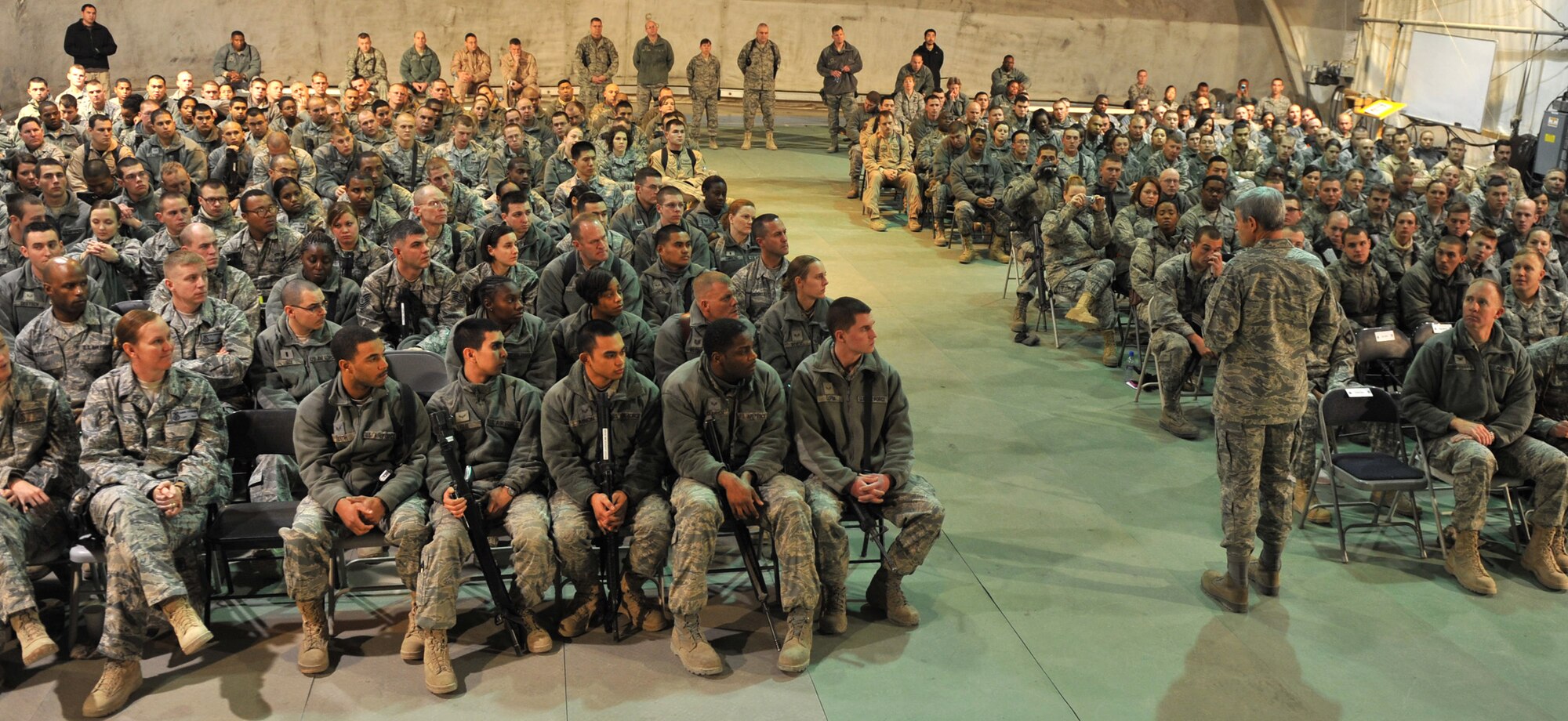 Air Force Chief of Staff Gen. Norton Schwartz speaks to Airmen Jan. 19, 2011, during an “all call” at Bagram Airfield, Afghanistan. General Schwartz talked about his vision for the Air Force and answered questions from Airmen. (U.S. Air Force photo/Senior Airman Shelia deVera)