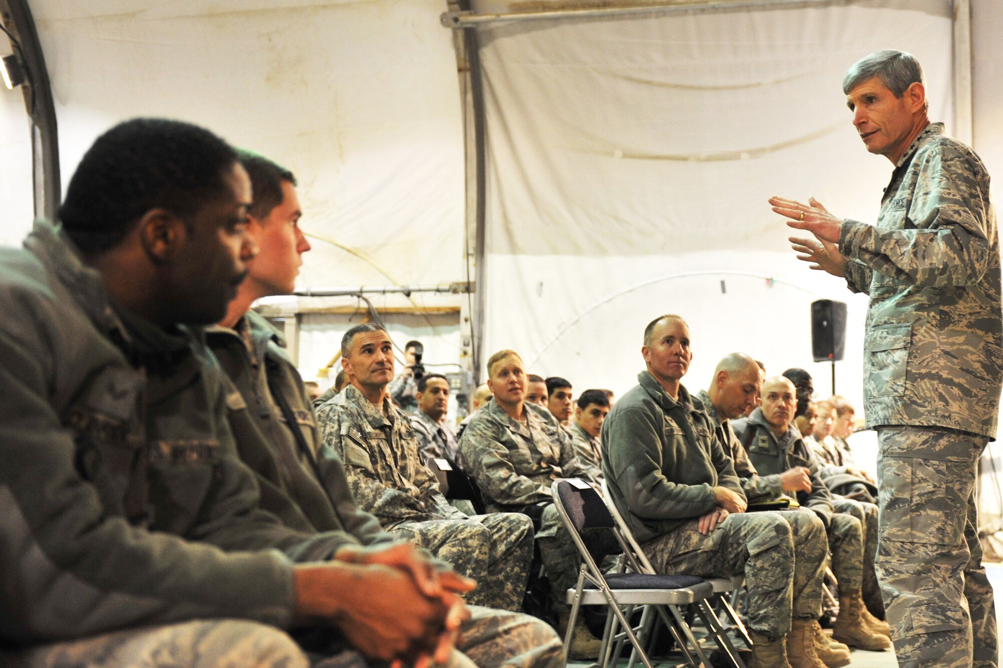 Air Force Chief of Staff Gen. Norton Schwartz speaks to Airmen Jan. 19, 2011, during an “all call” at Bagram Airfield, Afghanistan. General Schwartz talked about his vision for the Air Force and answered questions from Airmen. (U.S. Air Force photo/Senior Airman Shelia deVera)