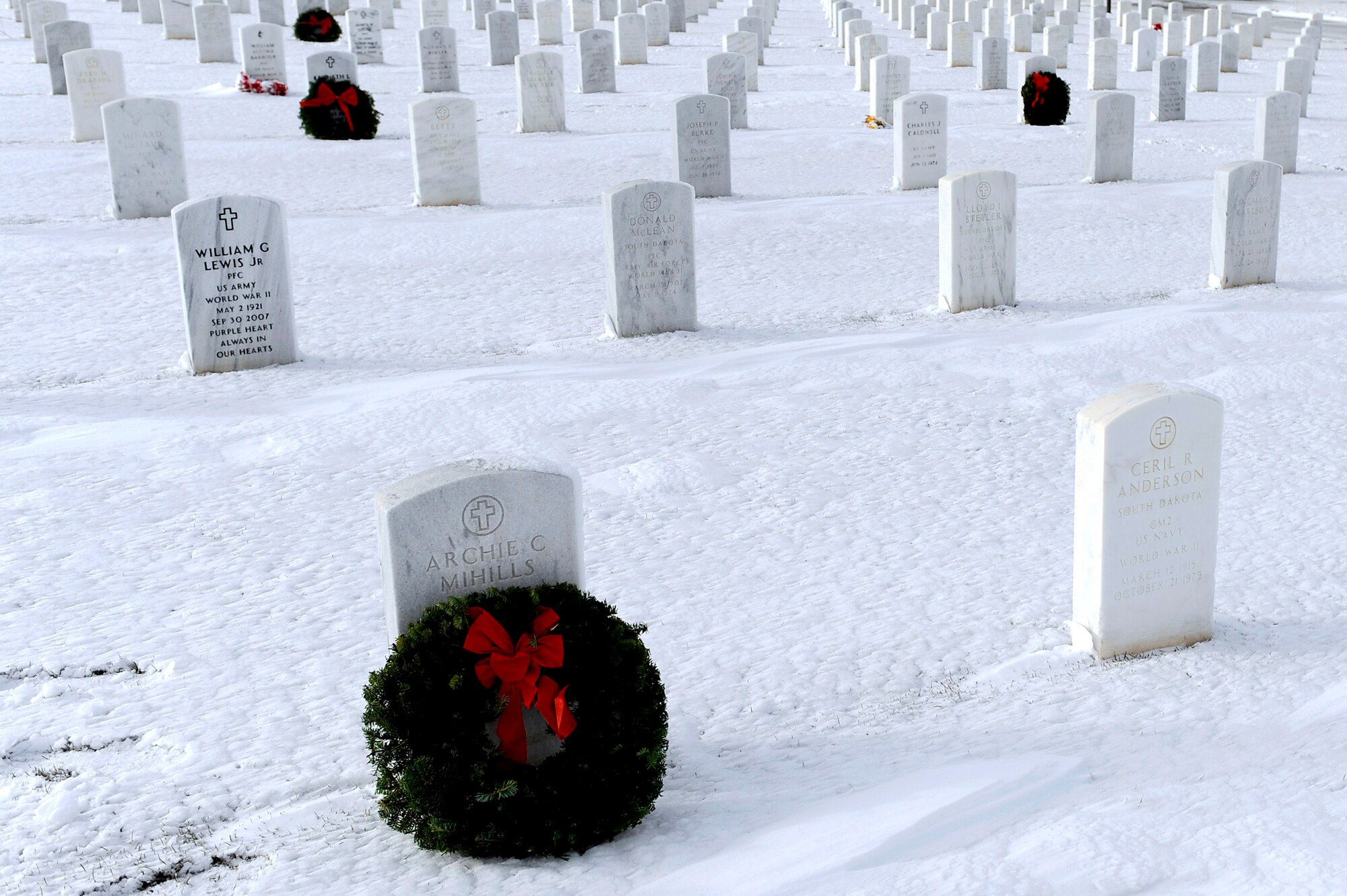 Approximately 250 wreaths honor the graves of veterans Dec. 11, 2010, at the Black Hills National Cemetery, S.D. More than 50 Airmen from Ellsworth Air Force Base, S.D., volunteered to lay wreaths on the graves during the 2010 Wreaths Across America ceremony, held annually on the second Saturday of December, in honor of veterans who have passed. (U.S. Air Force photo/Staff Sgt. Marc I. Lane)