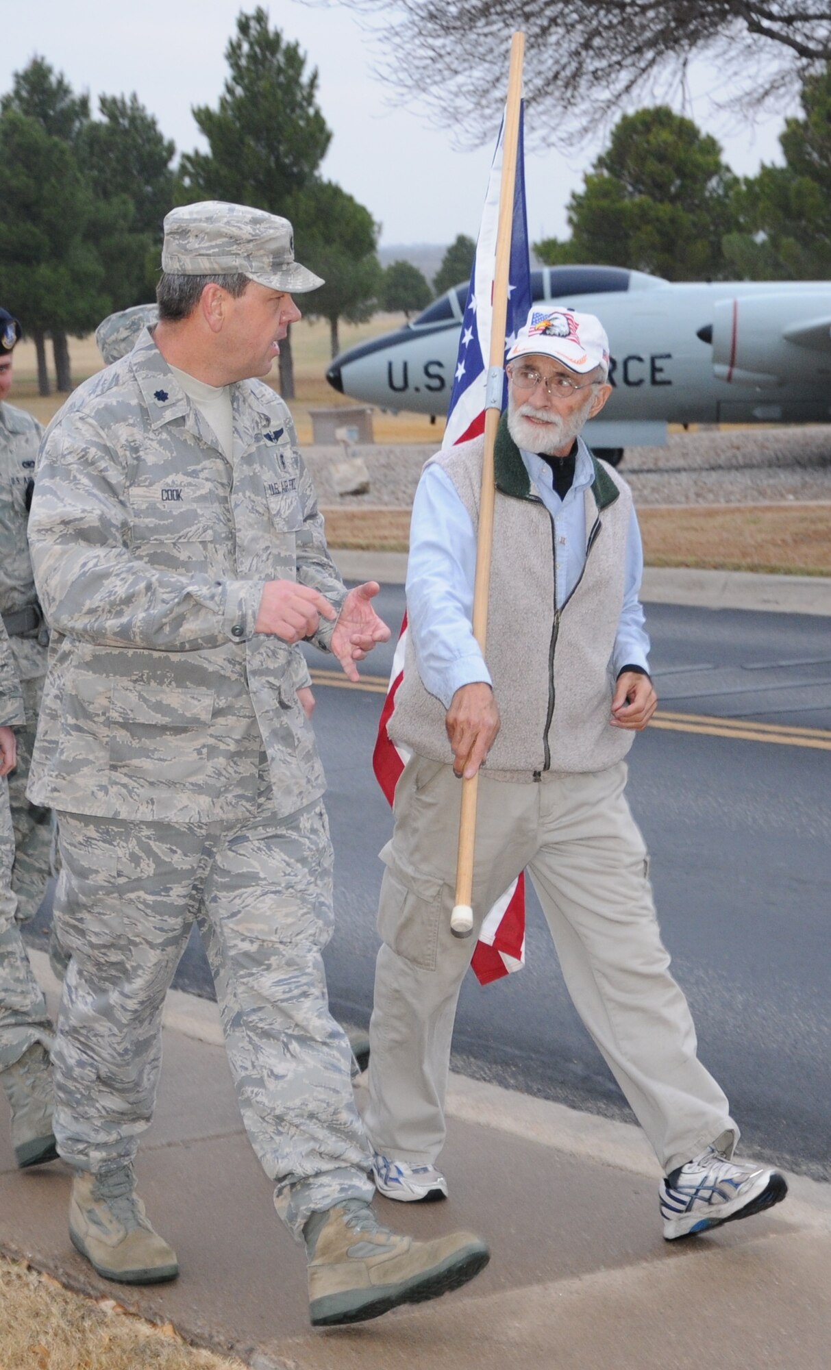 LAUGHLIN AIR FORCE BASE, Texas – Lieutenant Col. Timothy Cook, 47th Medical Operations Squadron commander, and several other Laughlin members walk with Tony the Vet here Jan. 20 during his walkathon across the United States to raise awareness for the needs of military veterans. More information about the walkathon can be found at www.tonythevet.org. (U.S. Air Force photo by Airman 1st Class Blake Mize)