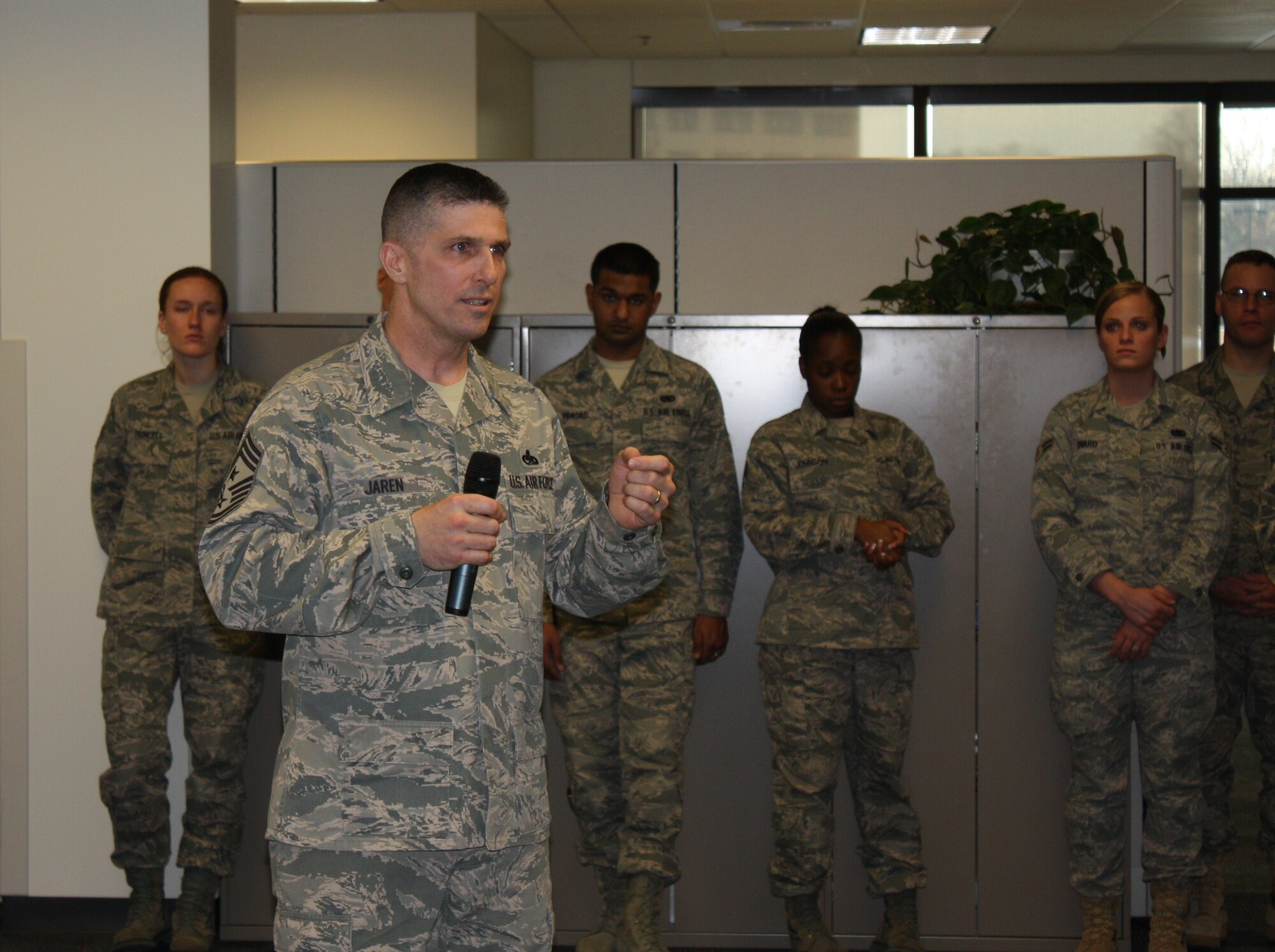 SCOTT AIR FORCE BASE, Ill. -- Chief Master Sgt. Eric Jaren, Command Chief for Air Force Materiel Command, addresses members of the 635th Supply Chain Operations Group at an All Call he hosted during his visit Jan. 12. (Courtesy photo)