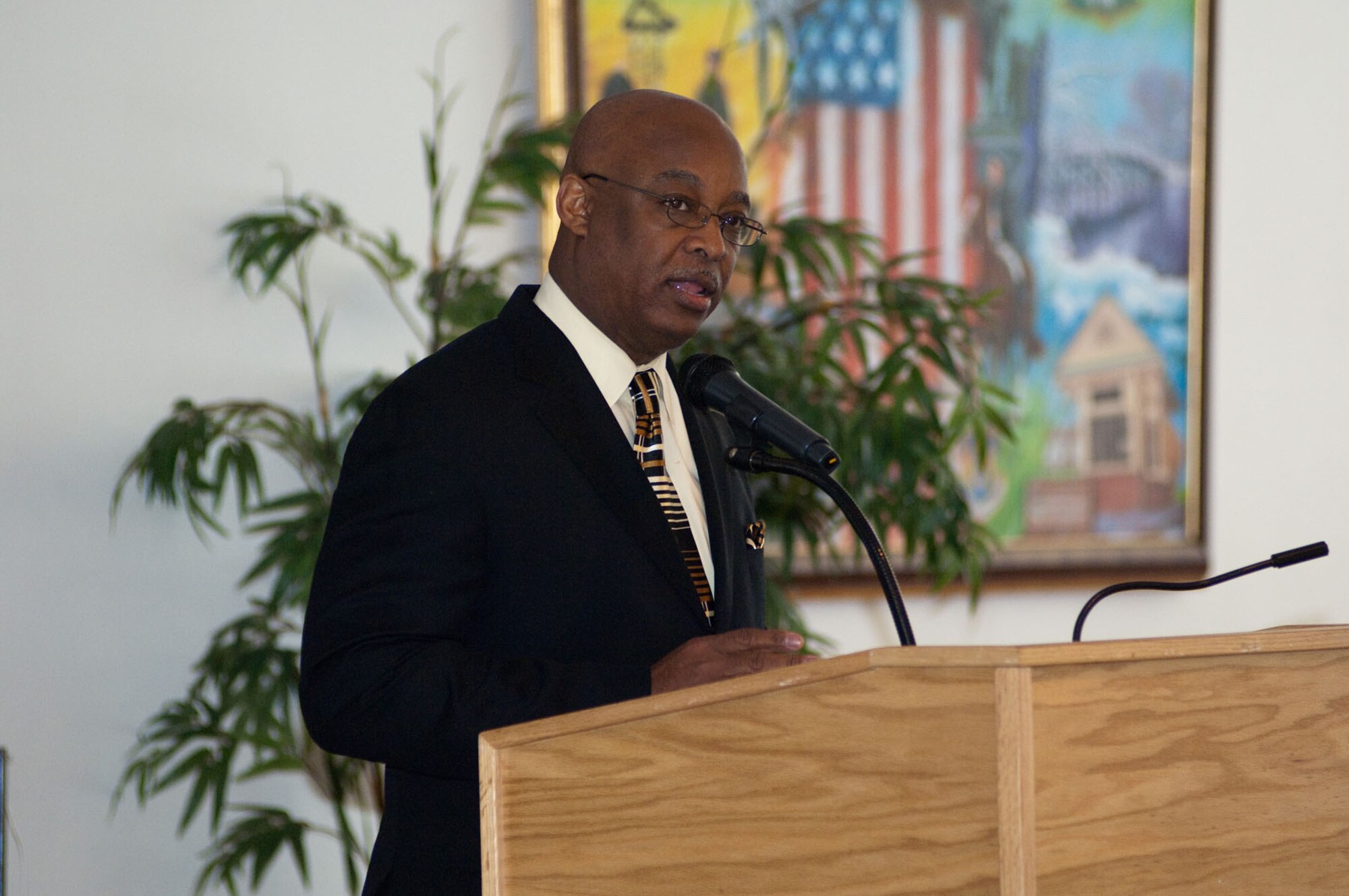 HANSCOM AIR FORCE BASE, Mass – Dr. Quincy Mosby of the Electronic Systems Center speaks to attendees at the Dr. Martin Luther King Jr. Day of Remembrance breakfast at the Minuteman Club on Jan. 14. Dr. Mosby reflected on what Dr. King and the civil rights movement meant to him, as well as what it means to military members. (U.S. Air Force photo by Rick Berry)
