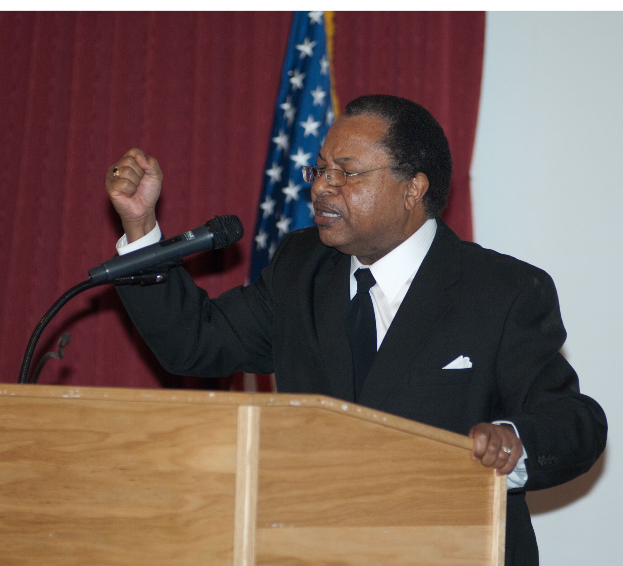 HANSCOM AIR FORCE BASE, Mass. – Timothy Martin from the 66th Security Forces Squadron reenacts Martin Luther King Jr.’s “I Have a Dream” speech at the Minuteman Club on Jan. 14. Mr. Martin also recited Dr. King’s Mountain Top speech during the Dr. Martin Luther King Jr. Day of Remembrance breakfast. (U.S. Air Force photo by Rick Berry)