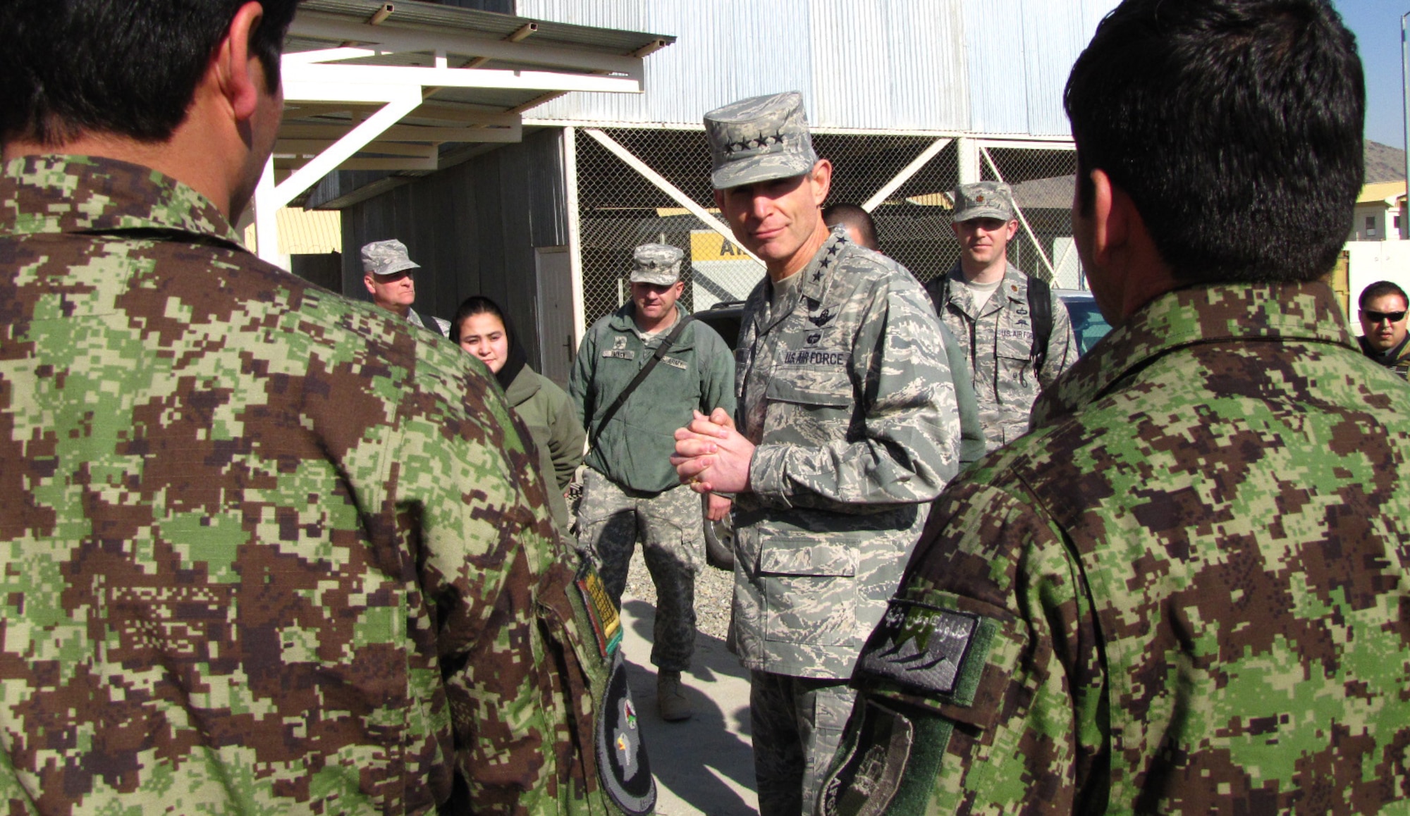Air Force Chief of Staff Gen. Norton Schwartz talks to members of the Afghan Air Force during a visit to the English immersion lab known as "Thunder Lab" Jan.18, 2011, in Kabul, Afghanistan. (U.S. Air Force photo/Capt. Rob Leese)