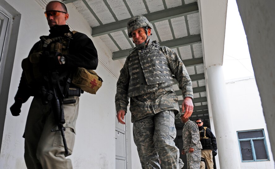 Air Force Chief of Staff Gen. Norton Schwartz walks through the main military quarters of Provincial Reconstruction Team Zabul Jan. 20, 2011, during a visit to Forward Operating Base Smart, Afghanistan. The visit was part of the general's trip to the U.S. Central Command area of responsibility. (U.S. Air Force photo/Staff Sgt. Brian Ferguson)