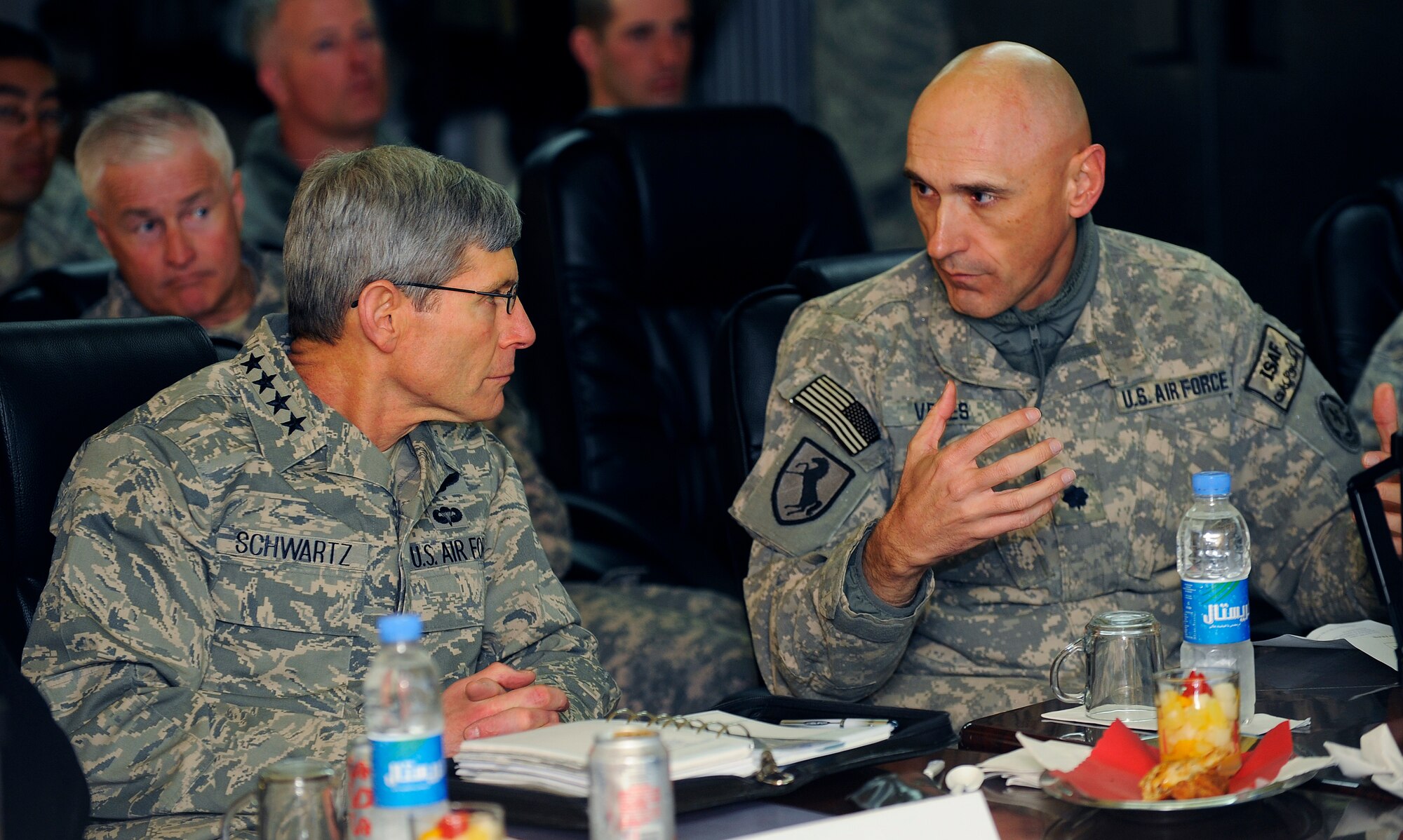 Air Force Chief of Staff Gen. Norton Schwartz (left) receives a mission brief from Lt. Col. Andy Veres, the Provincial Reconstruction Team Zabul commander, during a visit Jan. 20, 2011, to Forward Operating Base Smart, Afghanistan. The visit was part of the general's trip to the U.S. Central Command area of responsibility. (U.S. Air Force photo/Staff Sgt. Brian Ferguson)