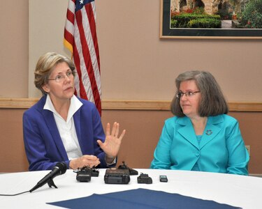Elizabeth Warren (left), special advisor to the secretary of the treasury on the Consumer Financial Protection Bureau, and Holly Petraeus, team lead of the bureau’s Office of Servicemember Affairs, conduct a news conference Jan. 18, 2011, at Lackland Air Force Base, Texas. The news conference took place in conjunction with a meeting with members of the Joint Base San Antonio community to discuss the unique financial issues facing military families.  (U.S. Air Force photo/Alan Bodeker)