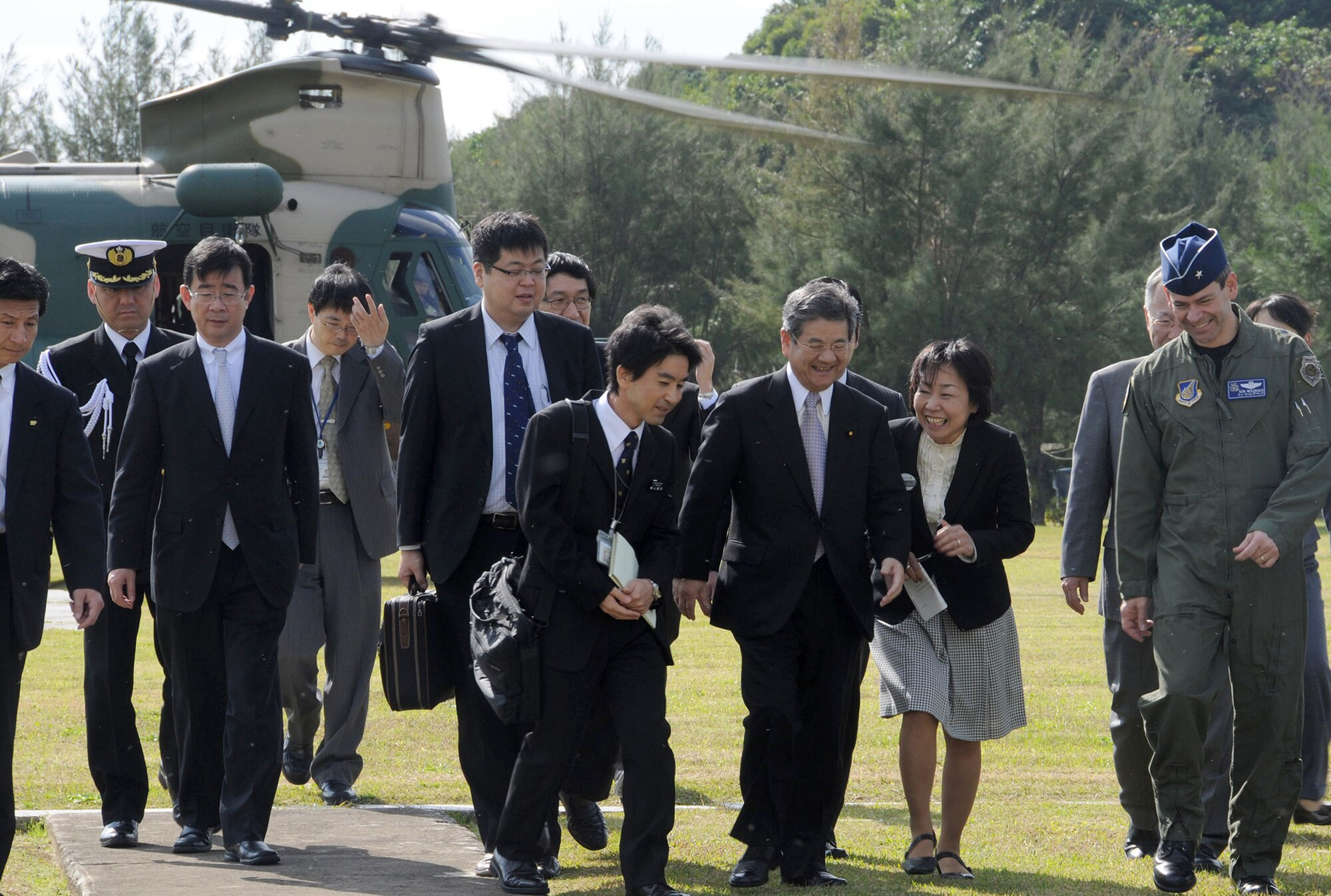 Japanese Defense Minister Toshimi Kitazawa met with Brig. Gen. Kenneth S. Wilsbach, the 18th Wing commander, Jan. 20, 2011, for a mission briefing and tour of Kadena Air Base, Japan. During the visit, Mr. Kitazawa said it is important for both Japan and the U.S. to build better understanding, for the Okinawan people, of the importance of Kadena AB's presence by engaging with the community to address their concerns. (U.S. Air Force photo/Staff Sgt. Darnell T. Cannady)