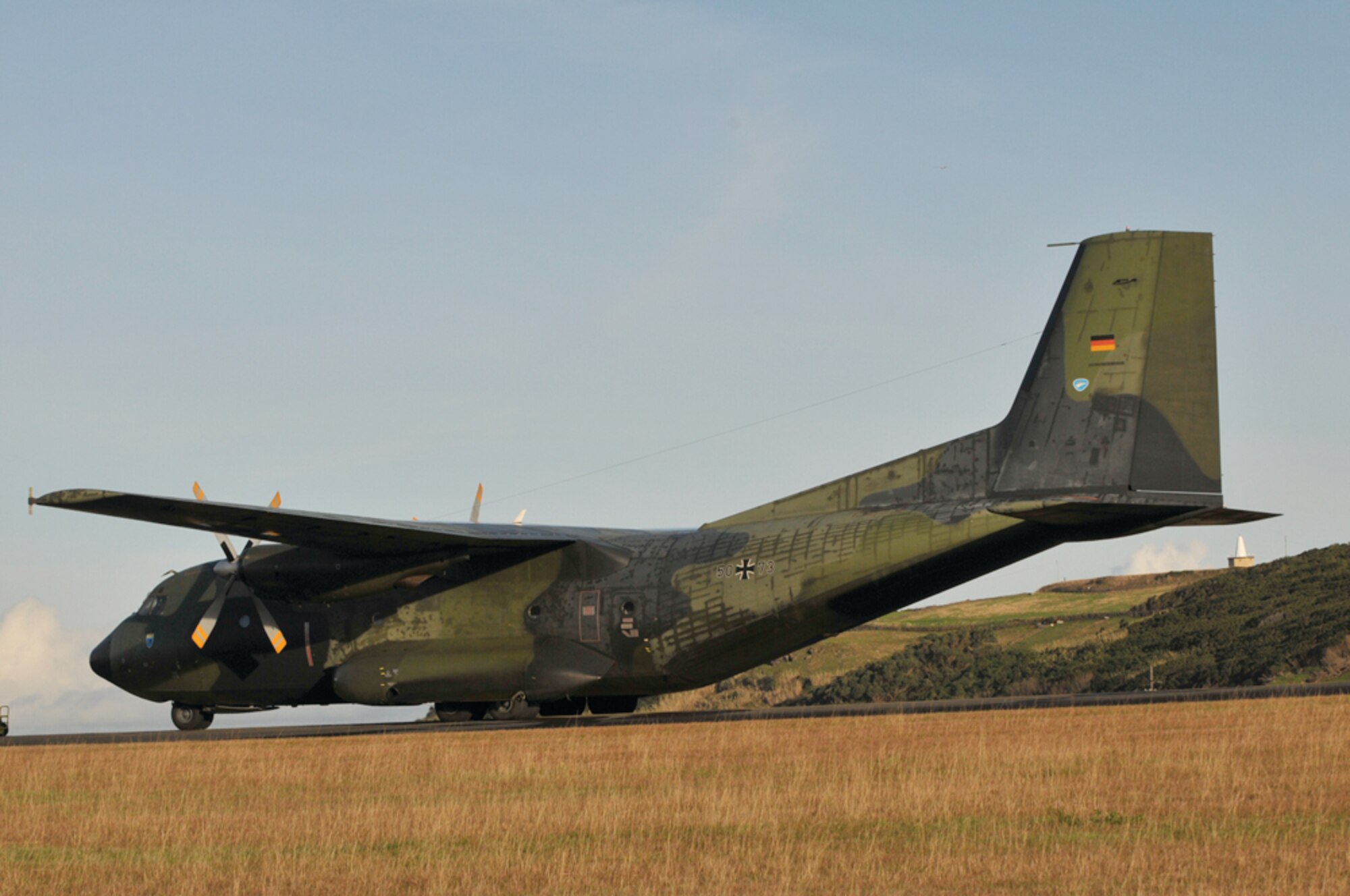 A German air force C-160 Transall parks at Lajes Field, Azores, Jan. 17. The C-160 was at Lajes along with a C-130 Hercules from the Spanish air force. (Photo by Manuel Martins) 