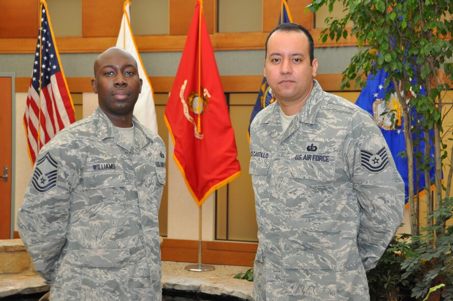 Air Staff Directorate for Manpower, Personnel and Services recognized Tech. Sgt. Edwin Del Castillo and Senior Master Sgt. Tyrone Williams as 4th quarter award winners in the non-commission and senior non-commission categories. (U.S. Air Force photo/Staff Sgt. Christopher Bevins) 

