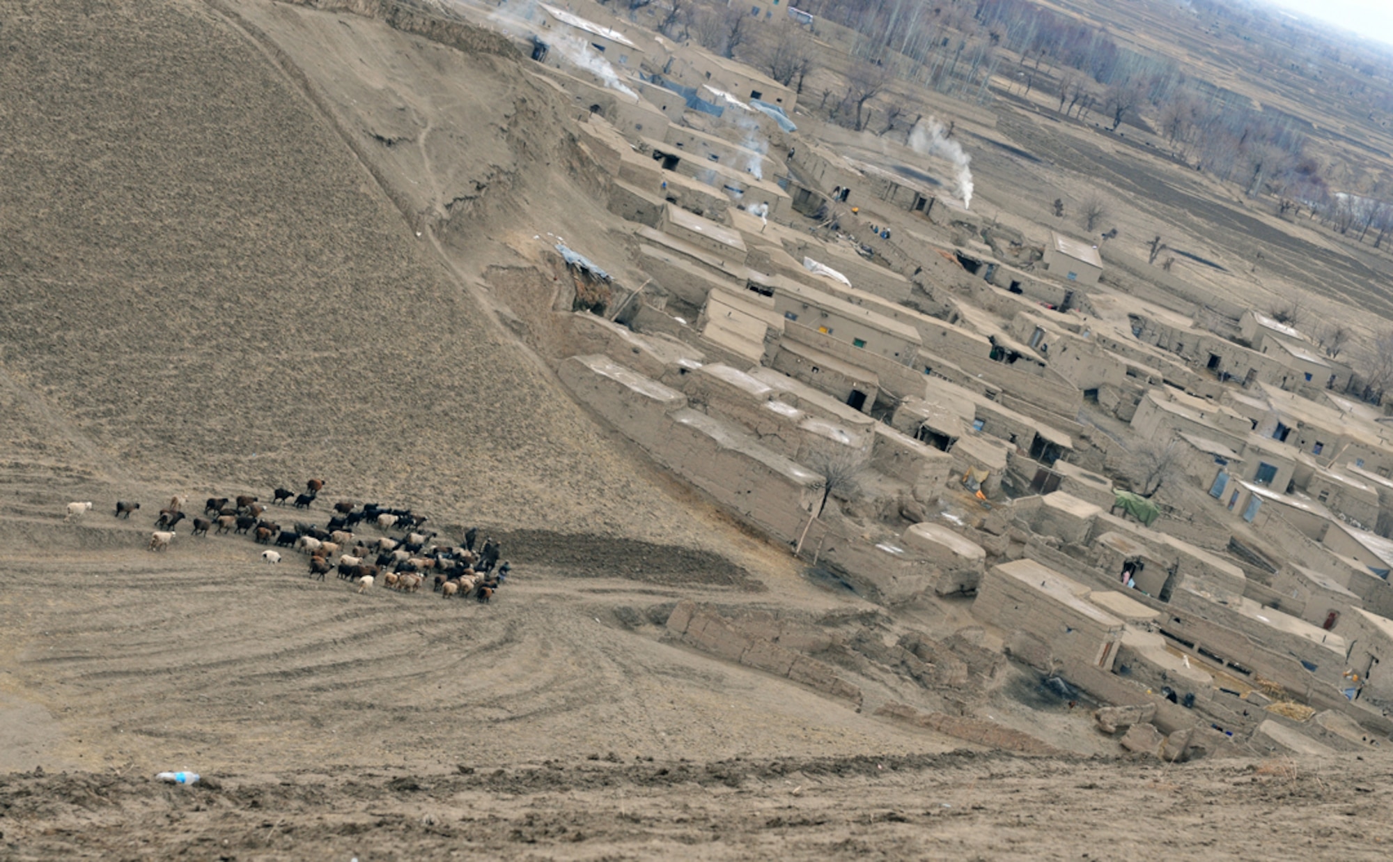 BADGHIS, Afghanistan -- An Afghan boy and his family herd sheep toward his village in Bala Murghab District, Badghis Province, Afghanistan, Jan. 16, 2011. From an over-watch position on Observation Post Cougar, Afghan National Army soldiers and U.S. Army scouts get a clear view of the surrounding area. (U.S. Air Force photo/Tech. Sgt. Kevin Wallace)