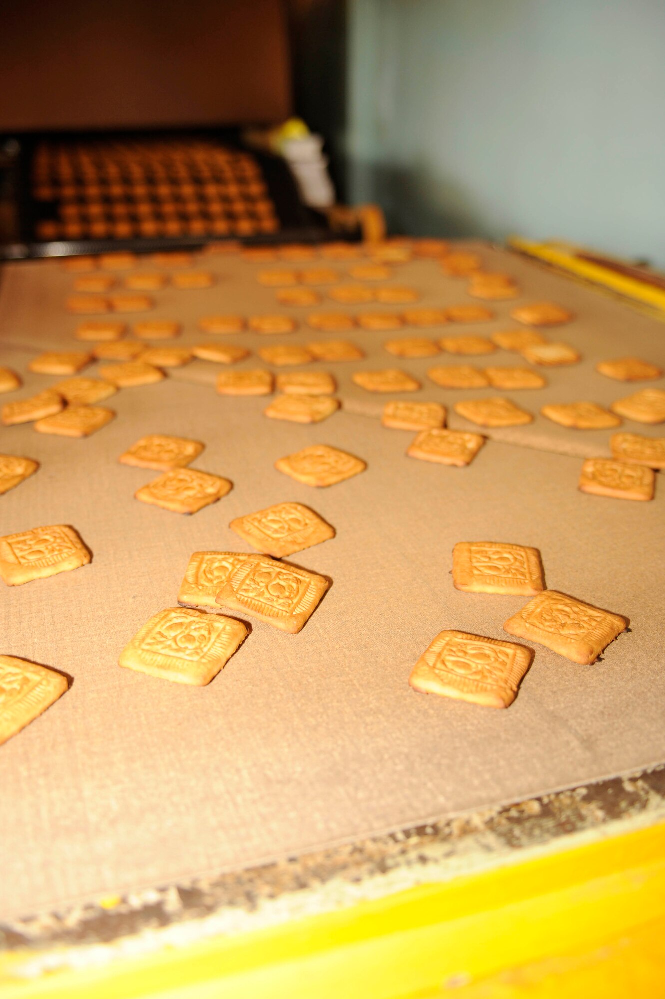 BISHKEK, Kyrgyzstan -- Baked cookies work their way from the oven through the quality control station at the Tattoo Bakery.  Transit Center at Manas officials are looking at expanding the dining facility menu to include locally manufactured goods.  (U.S. Air Force photo/Tech. Sgt. Jerome C. Baysmore) 
