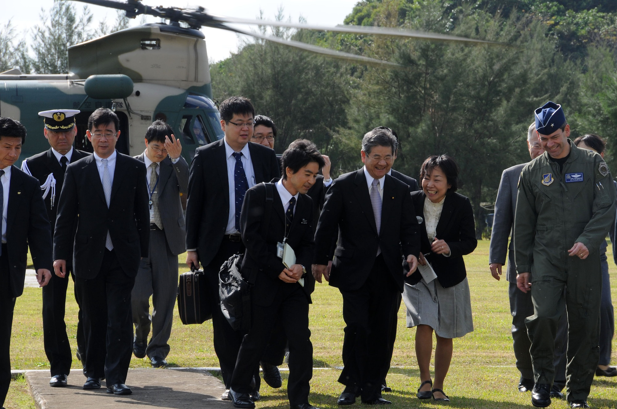 Japan Defense Minister Toshimi Kitazawa landed at a helo pad at Kadena Air Base in Okinawa, Jan. 20, and met with 18th Wing Commander Brig. Gen. Ken Wilsbach for a mission briefing and a tour of the base. During the visit, Minister Kitazawa said that it is important for both Japan and the US to build better understanding for the Okinawan people of the importance of Kadena's presence, by engaging with the community to address their concerns. (U.S. Air Force photo/Staff Sgt. Darnell T. Cannady)  