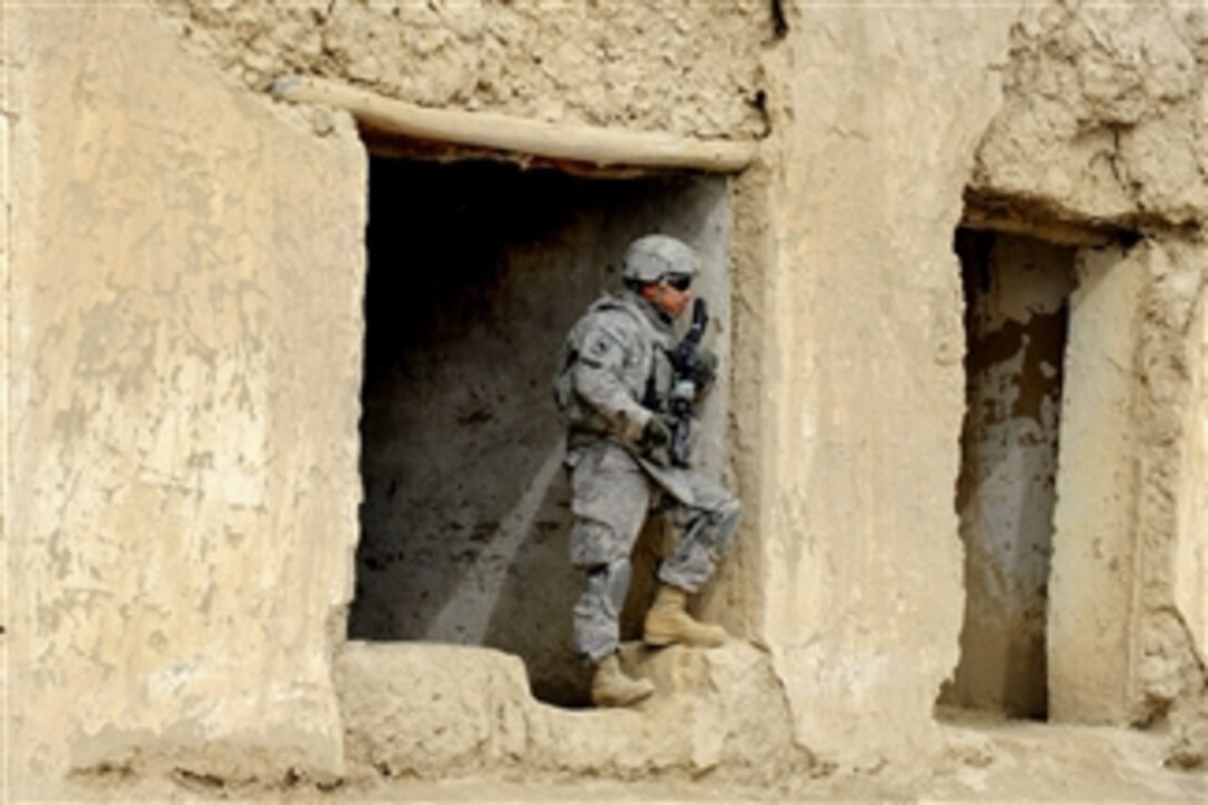 U.S. Army Sgt. Johnny Hoyos provides security during a trip to the Shahr-e Safa bazaar, Afghanistan, on Jan. 19, 2011.  Hoyos is assigned to Provincial Reconstruction Team Zubul.  