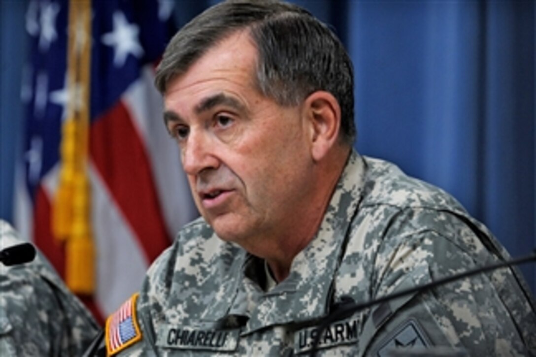 U.S. Army Vice Chief of Staff Gen. Peter Chiarelli talks about the statistics for Army suicides in the year 2010 during a joint press briefing in the Pentagon with the generals commanding the Army Reserve and the National Guard on Jan. 19, 2011.  