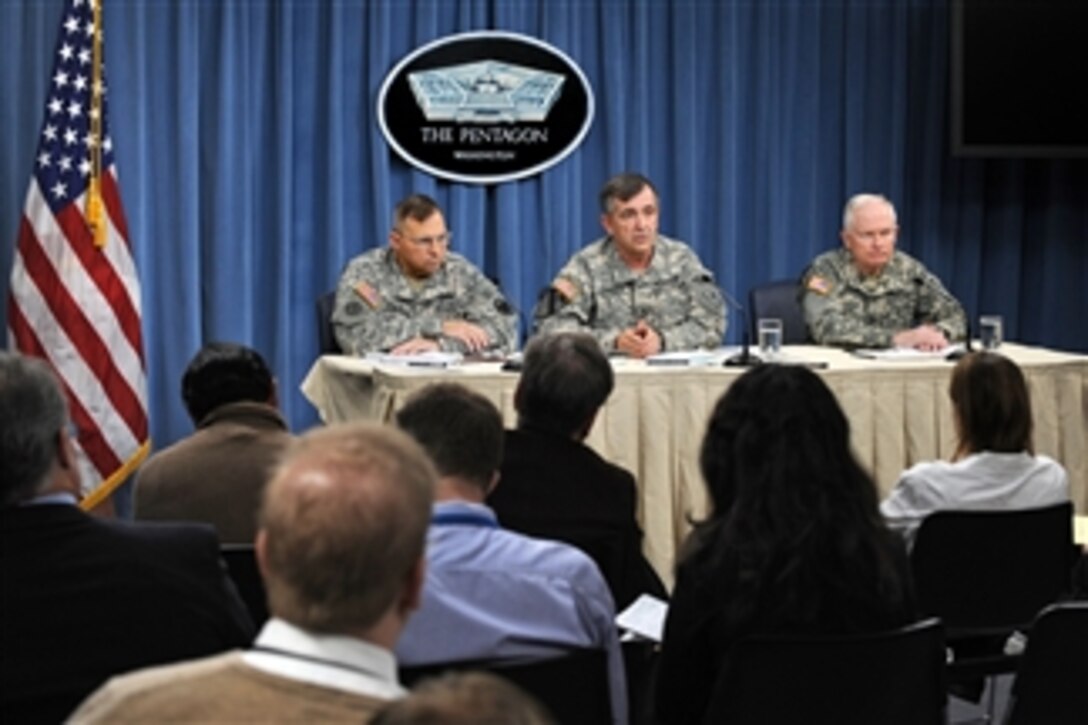 Army Vice Chief of Staff Gen. Peter Chiarelli (2nd from right) speaks with reporters concerning the statistics for Army suicides during the year 2010 in the Pentagon on Jan. 19, 2011.  Joining Chiarelli is the Chief of the Army Reserve Lt. Gen. Jack Stultz (left) and the Acting Director of the Army National Guard Maj. Gen. Raymond Carpenter (right).  