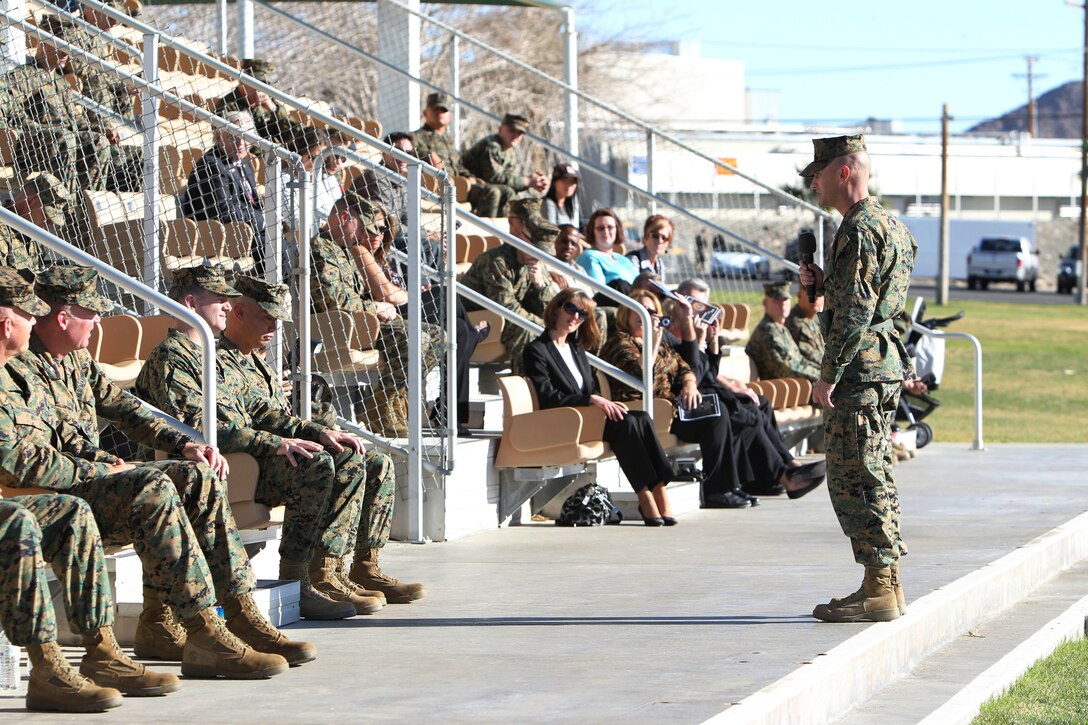 Sergeant Maj. Michael A. Miller talks to the gathered Marines, sailors and civilians about how proud he is to be apart of this unit during the Marine Unmanned Aerial Vehicle Squadron 1 relief and appointment ceremony Jan. 21, 2011, at Lance Cpl. Torrey L. Gray Field.