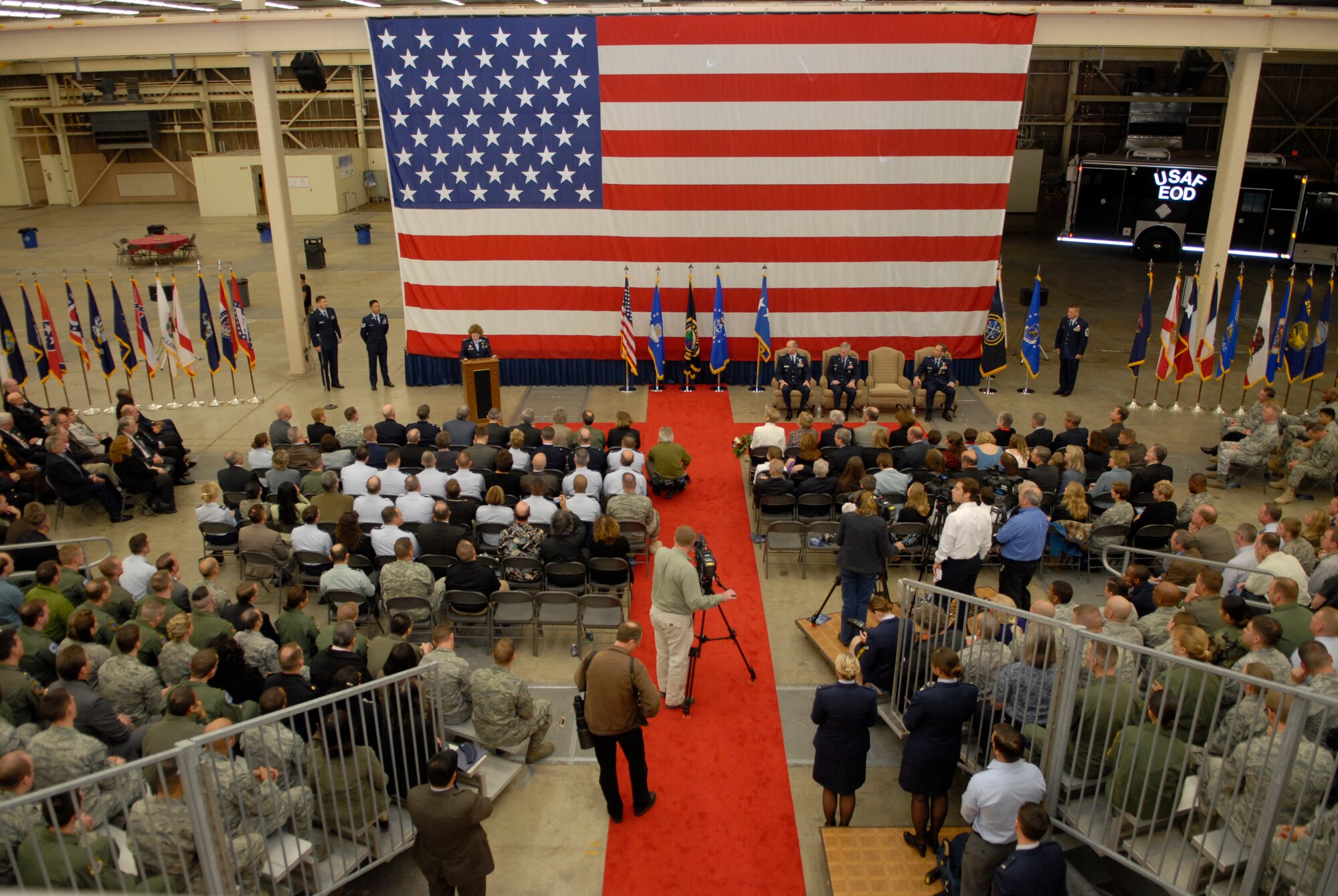 VANDENBERG AIR FORCE BASE, Calif. -- Guests watch as Lt. Gen. Susan Helms, Joint Functional Component Command for Space and 14th Air Force commander, delivers a speech, following acceptance of command here Friday, Jan. 21, 2011. (U.S. Air Force photo/Senior Airman Andrew Satran)