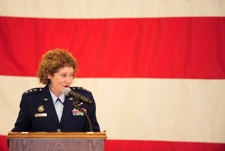 VANDENBERG AIR FORCE BASE, Calif. -- Lt. Gen. Susan Helms, the Joint Functional Component Command for Space and 14th Air Force commander, delivers a speech, following acceptance of command here Friday, Jan. 21, 2011. (U.S. Air Force photo/Senior Airman Andrew Satran) 