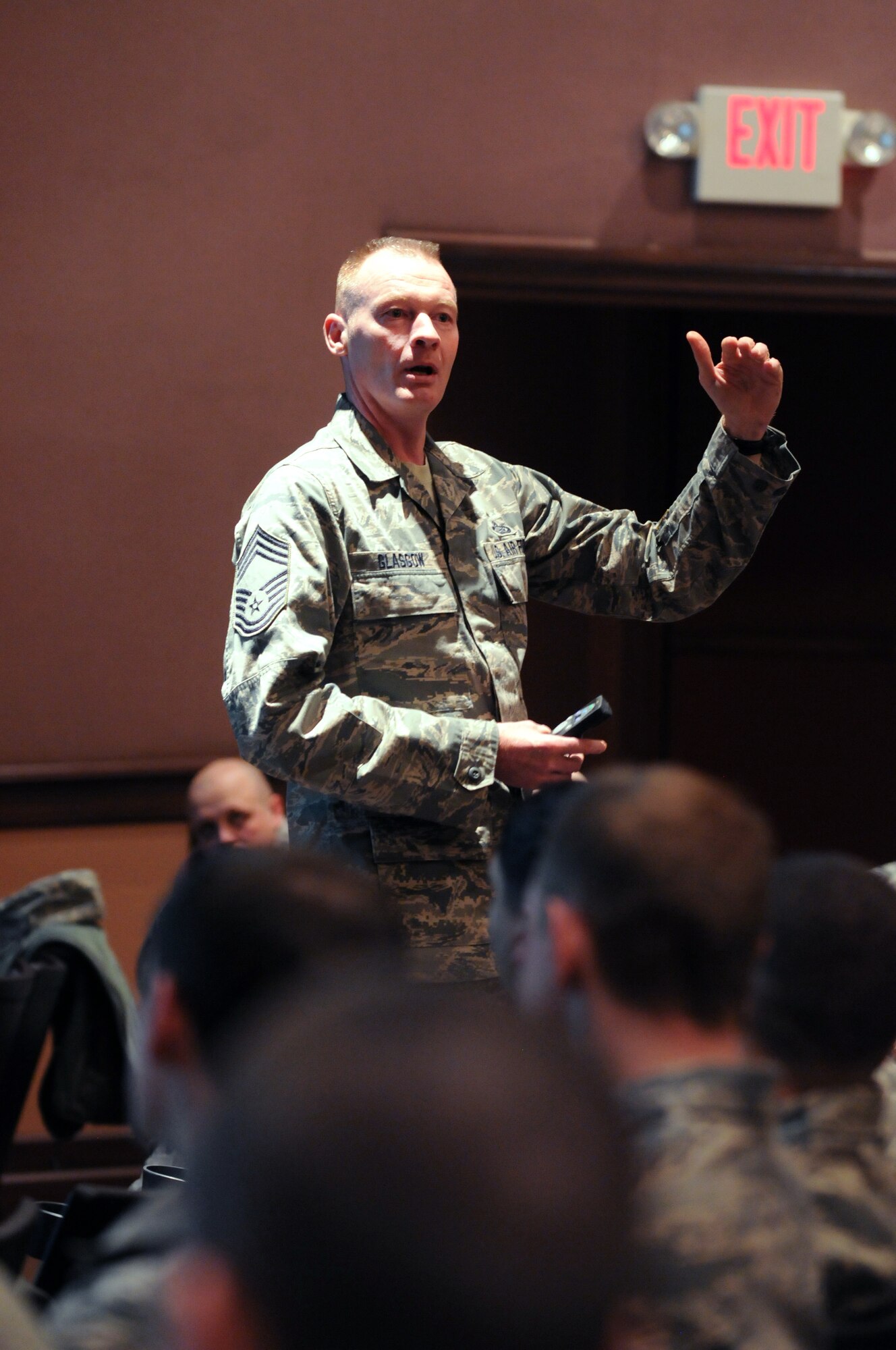 Chief Master Sgt. Brian Glasgow, Air Force Personnel Center Chief of Airman Assignments, gives Airmen at Warren the AFPC Nuclear “Spread the Word” briefing in the base theatre Jan. 13. The briefing was part of a visit that CMSgt. Glasgow attended with Major General Alfred Stewart, AFPC commander, and other assignment team personnel. (U.S. Air Force photo by R.J. Oriez)