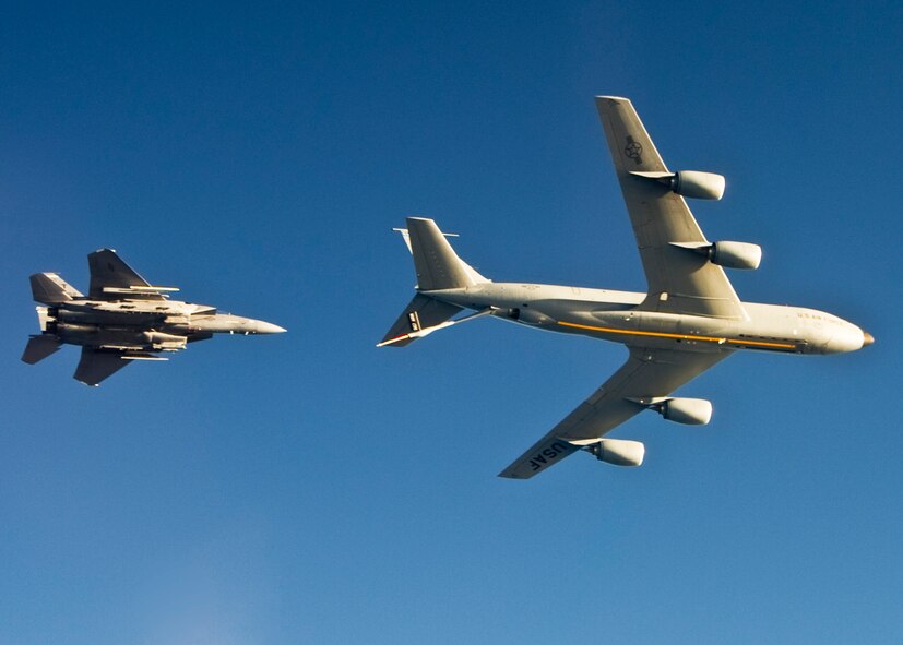 A 46th Test Wing F-15E Strike Eagle moves into position for refueling with a KC-135 Stratotanker from 927th Air Refueling Wing Jan. 18.  The F-15E made its first flight with a new radar – the APG-82.  It replaces the 24-year-old APG-70 radar system.  The four-year-old project is managed by the F-15E Operational Flight Program Combined Test Force.  (U.S. Air Force photo/Staff Sgt. Felicia Welch)