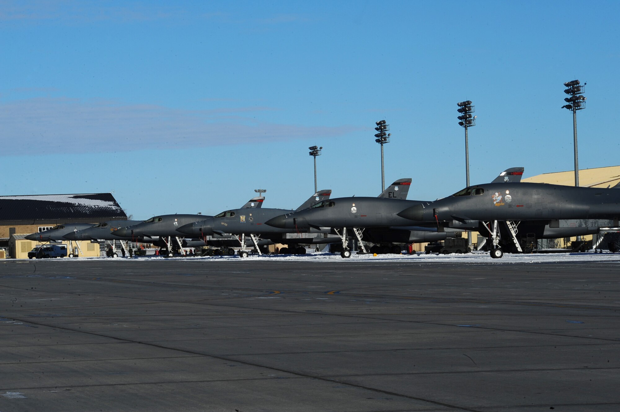 B-1B Lancers sit on the Ellsworth Air Force Base flightline in S.D., Jan. 19, 2011. The 28th Bomb Wing maintains a fleet of 28 B-1s. (U.S. Air Force photo/Senior Airman Kasey Close)