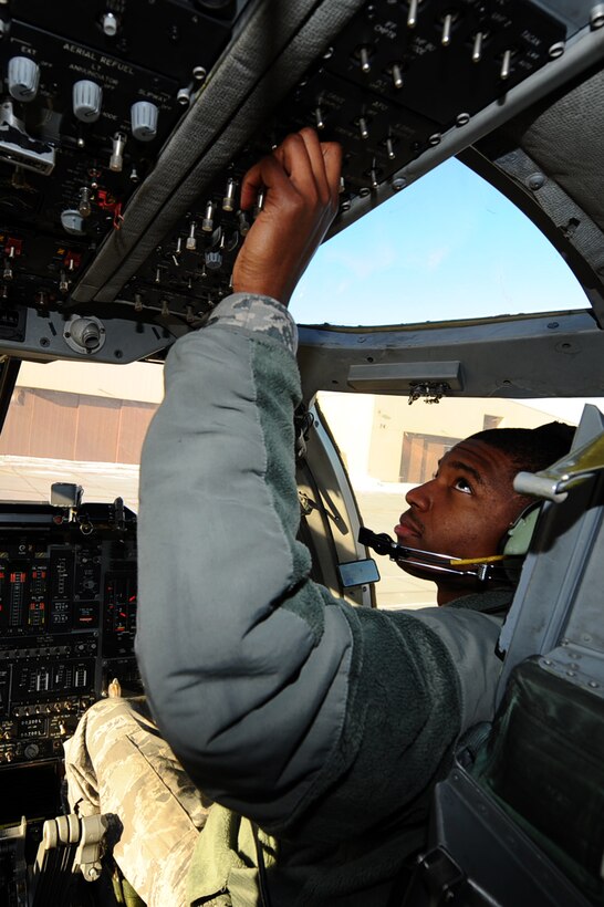Senior Airman Nicholas Reid, 28th Aircraft Maintenance Squadron instrument flight control, powers up a B-1B Lancer for an operations check after a part was replaced at Ellsworth Air Force Base, S.D., Jan. 19, 2011. Airmen from the 28th AMXS provide base warfighters with combat mission-ready aircraft to conduct worldwide operations by employing air-to-ground, precision-guided munitions against any adversary, anytime, anyplace. (U.S. Air Force photo/Senior Airman Kasey Close)