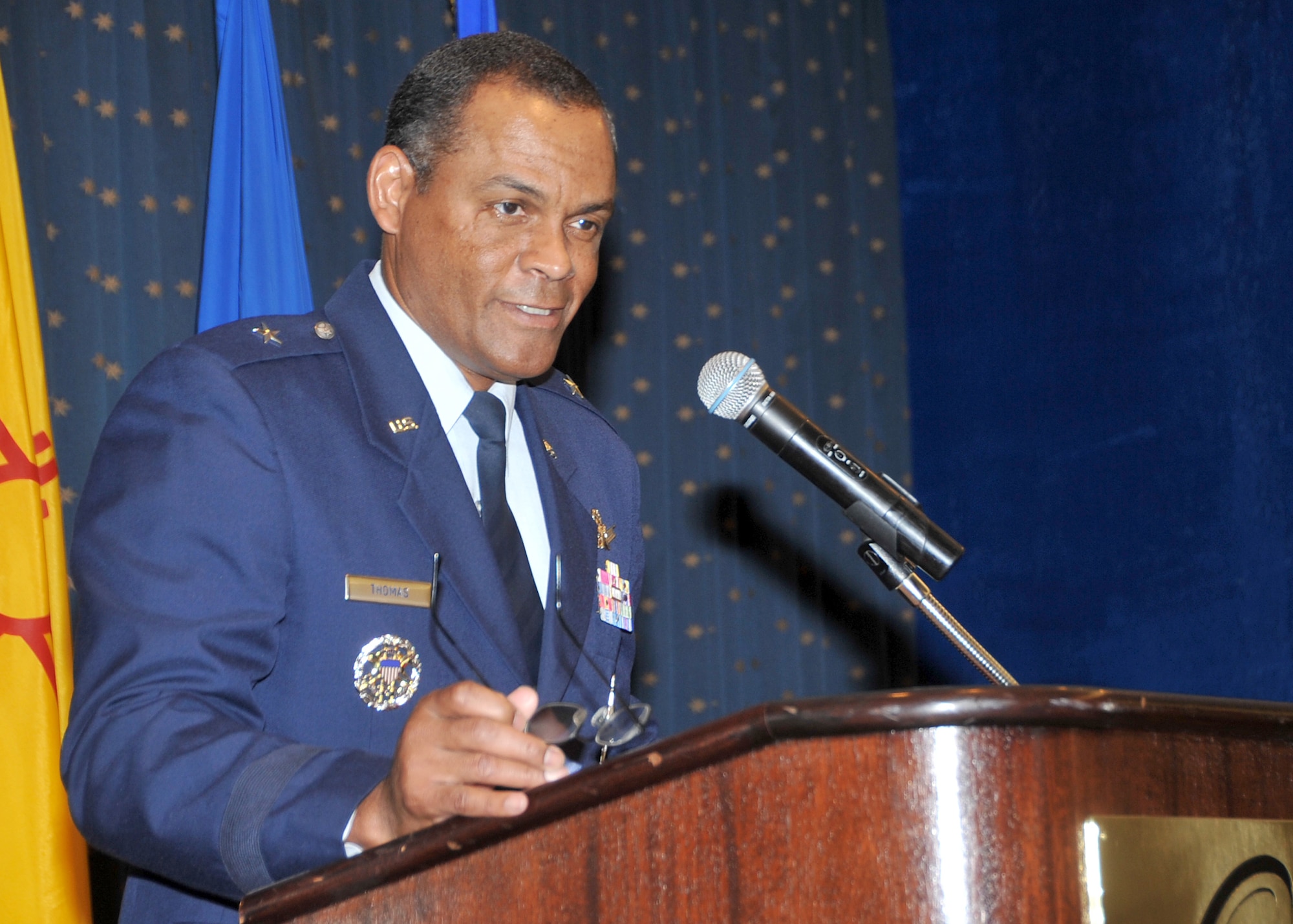 Brig. Gen. Everett Thomas, then-commander of the Air Force Nuclear Weapons Center and guest speaker for the Martin Luther King Jr. Day event, addresses the crowd Jan. 14 at the Mountain View Club.  U.S. Air Force Photo by Todd Berenger.