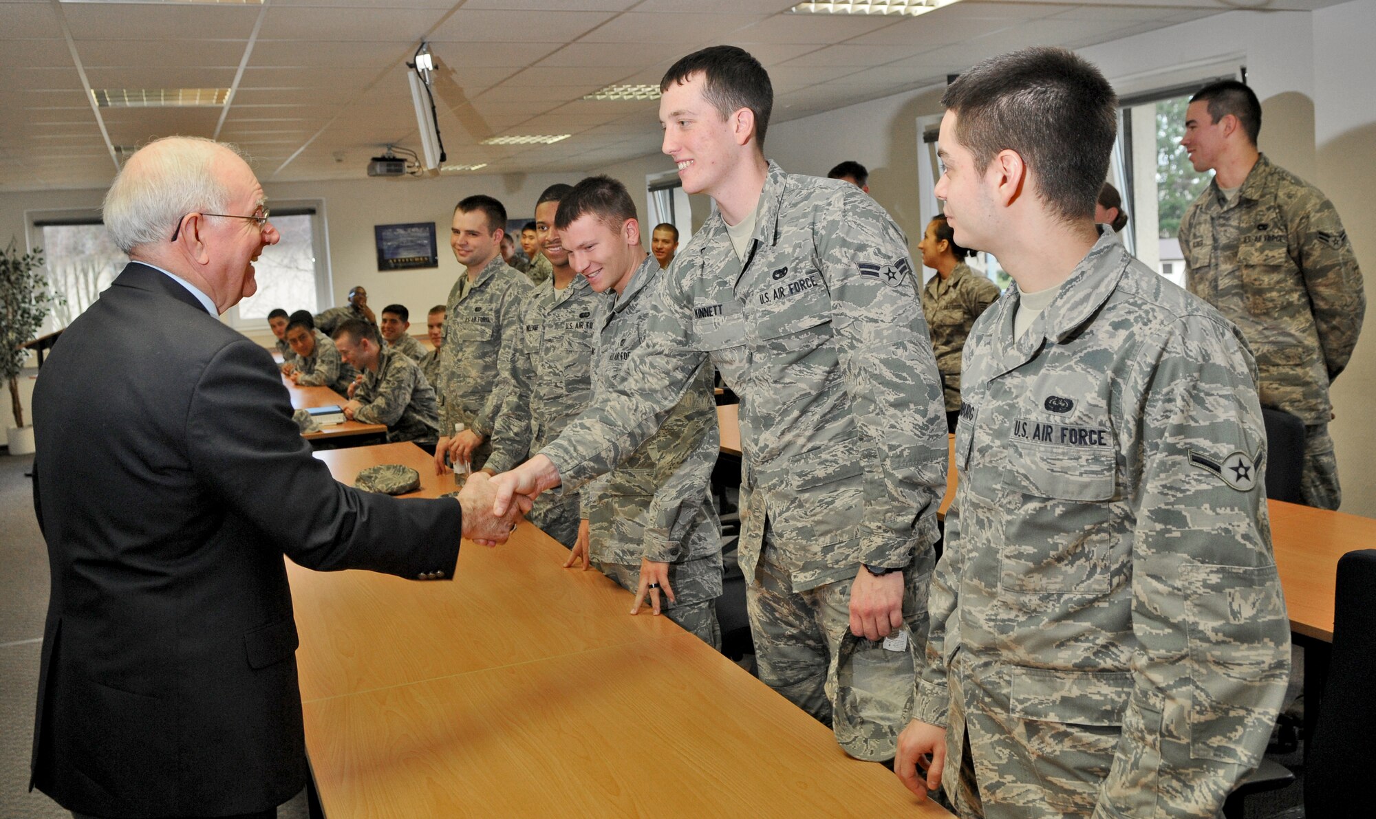SPANGDAHLEM AIR BASE, Germany – Retired Chief Master Sgt. of the Air Force Sam Parish speaks to Airmen from the First Term Airman Center in the FTAC classroom here Jan. 18. Chief Parish visited the FTAC class to speak to them about making responsible decisions and putting forth their best effort at whatever the Air Force requires of them. (U.S. Air Force photo/Senior Airman Nick Wilson)