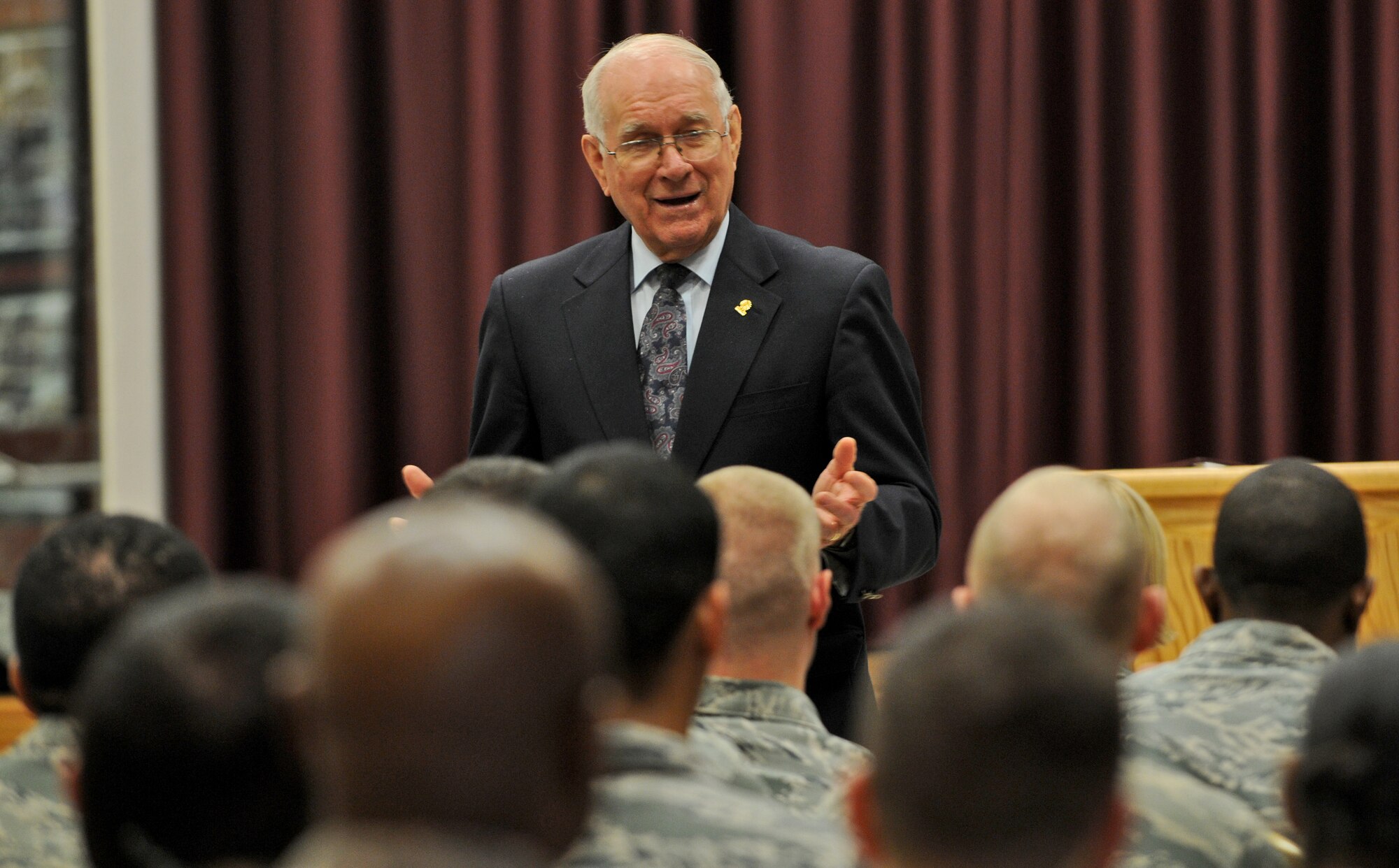 SPANGDAHLEM AIR BASE, Germany – Retired Chief Master Sgt. of the Air Force Sam Parish speaks to Airmen from the 702nd Munitions Support Squadron at Beuchel Air Base, Germany, Jan. 18. Chief Parish visited the 52nd Fighter Wing and some of its geographically-separated units to speak about developing and mentoring young Airmen and turning them into the leaders of tomorrow. (U.S. Air Force photo/Senior Airman Nick Wilson)