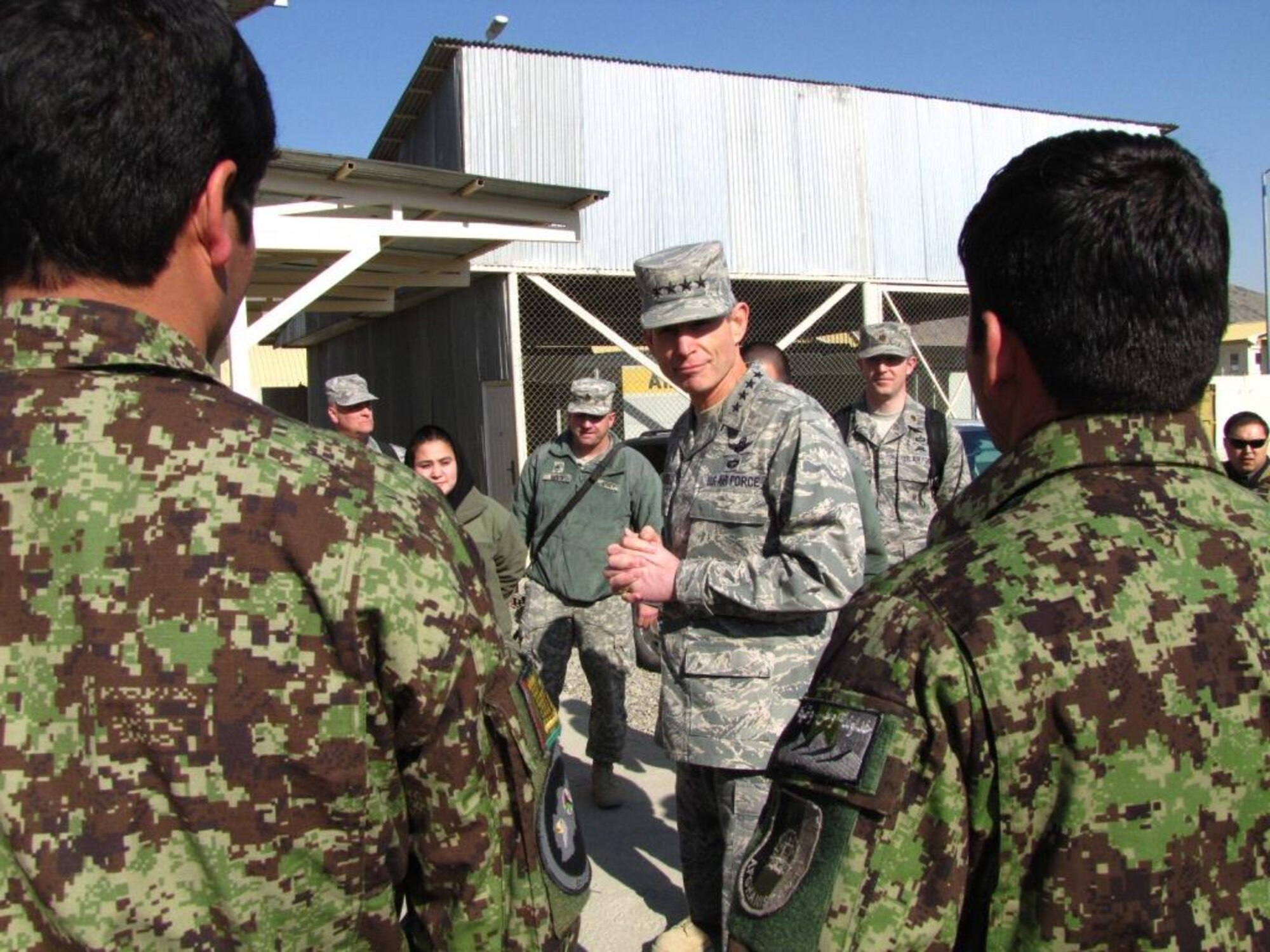 Air Force Chief of Staff Gen. Norton Schwartz talks to members of the Afghan Air Force  during a visit to the English immersion lab known as "Thunder Lab" in Kabul, Afghanistan, on Jan.18, 2011. (U.S. Air Force photo/Capt. Rob Leese)