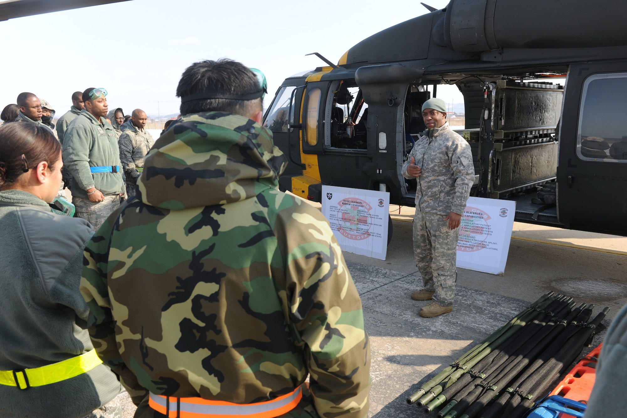 KUNSAN AIR BASE, Republic of Korea -- Army Staff Sgt. Reginald Jones, UH-60 Black Hawk flight medic, briefs members from the 8th Medical Group on medical evacuation operations during training here Jan. 19. A Black Hawk team from Camp Humphreys visited the Wolf Pack to familiarize the medics with the medevac concept. (U.S. Air Force photo/Senior Airman Ciara Wymbs)