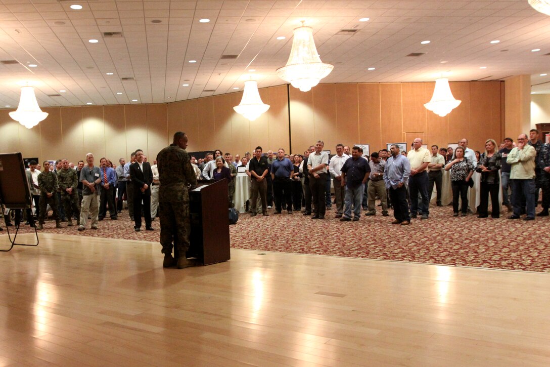 Major General Anthony L. Jackson, Commanding General MCI-West, addresses the crowd during a “10 million man hours” symposium at Camp Pendleton’s South Mesa Club, Jan. 21. The ceremony commemorated the accomplishment of “10 million man hours” of construction across MCI-West’s seven installations. Due to the upgrades Camp Pendleton, more than 3,000 workers were employed, $1.8 billion was spent on construction, more than $700 million in yearly salaries were paid, and 250 prime construction companies were contracted.