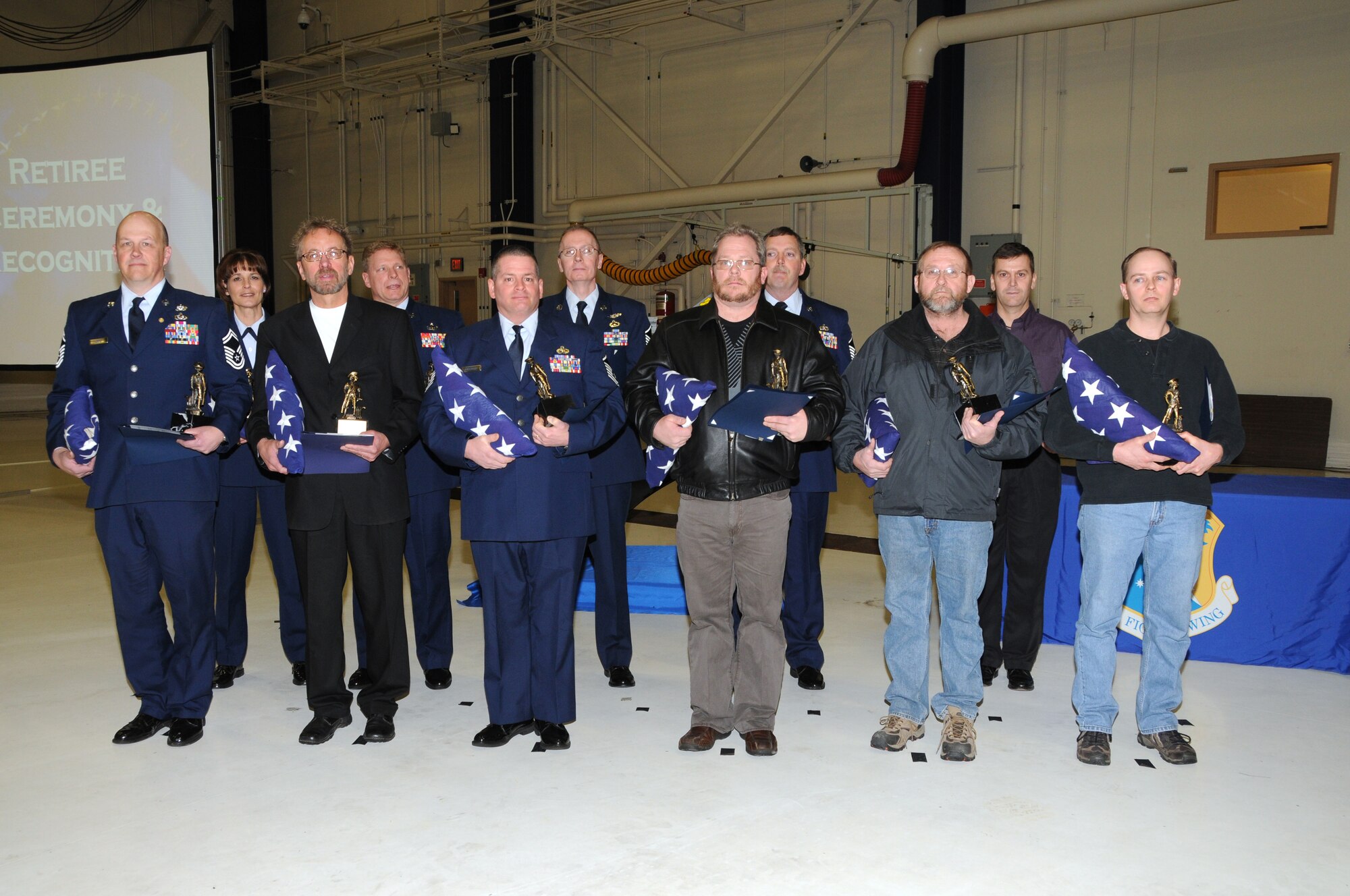Recent retirees from the 148th Fighter Wing were honored during an awards and retirement ceremony in Duluth Minn. January 23, 2010.  Retirees have more than 20 years of military service. (U.S. Air Force photo by Staff Sgt. Donald Acton/released)