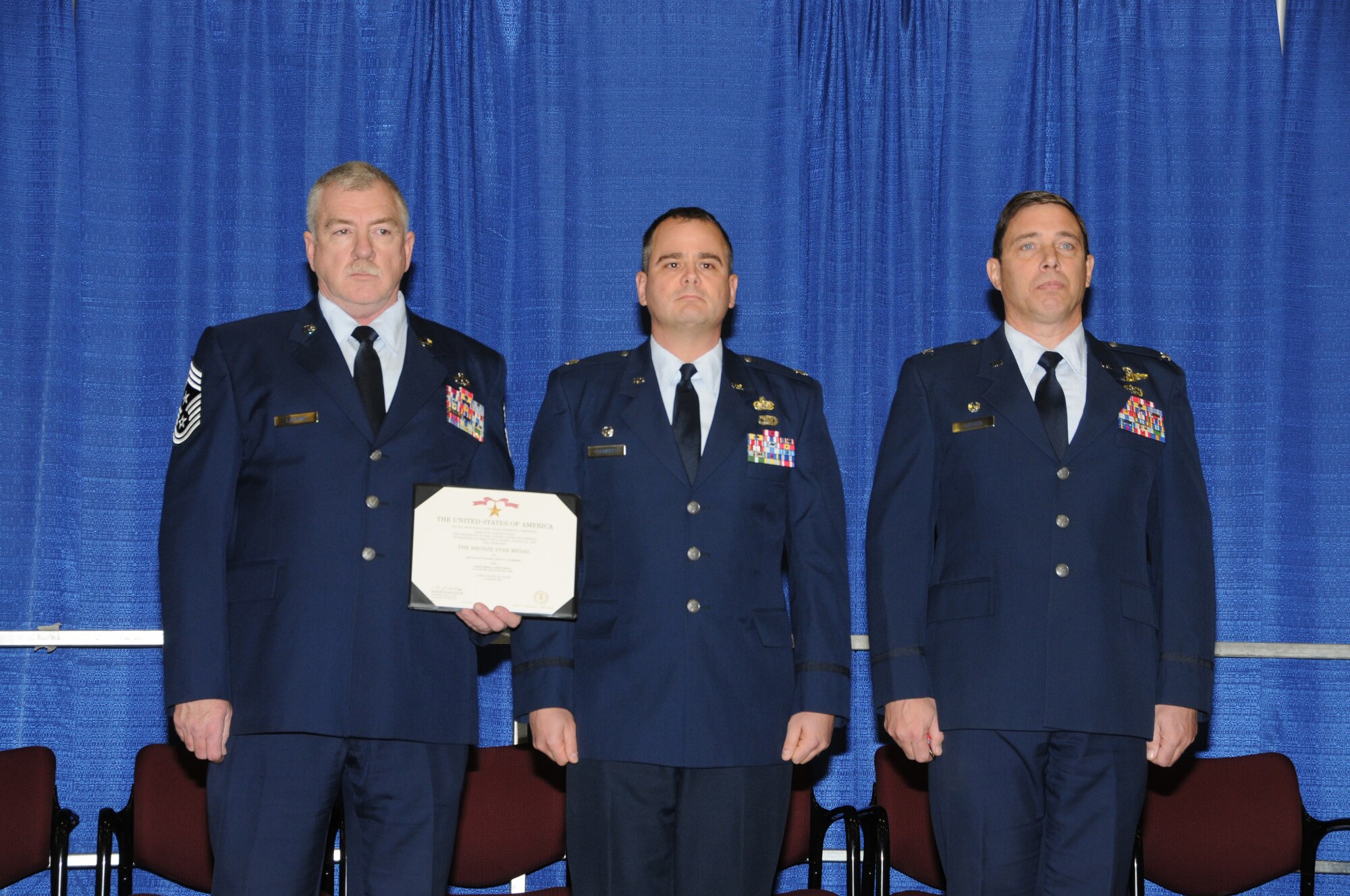 Lt. Col. Scott Chambers was awarded the Bronze Star Medal for his accomplishments during a 2010 deployment to Afghanistan.  An awards and retirement ceremony was held at the 148th Fighter Wing in Duluth Minn. January 23, 2010.  (U.S. Air Force photo by Staff Sgt. Donald Acton/released)