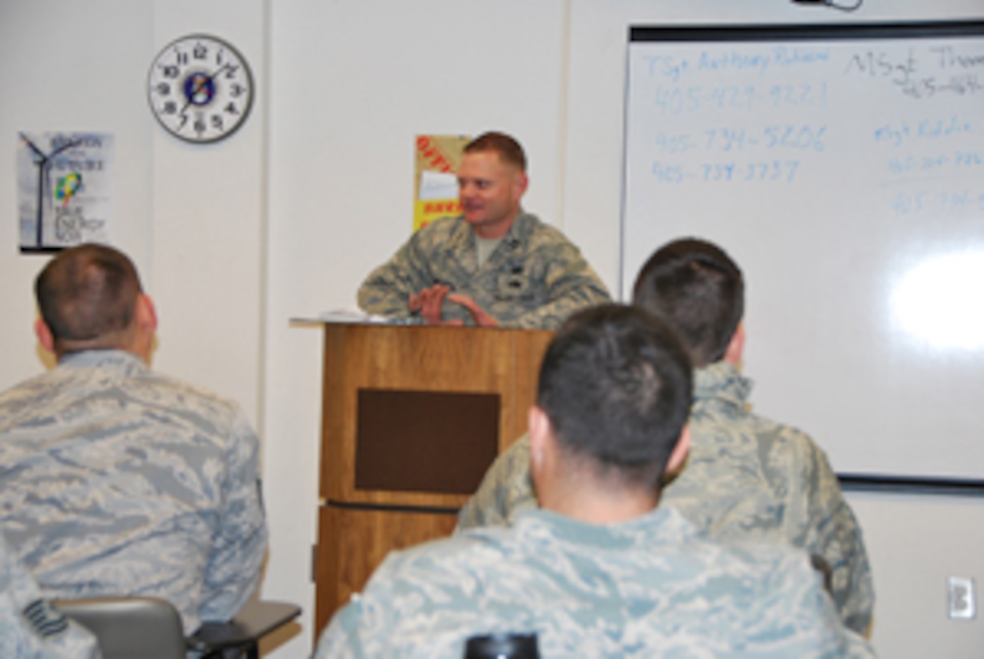 Captain Patrick Mitchell, 507th Security Forces Squadron commander, 507th Air Refueling Command  addresses security force members during an assembly. Captain Mitchell was notified he had been selected for command recognition as the traditional reserve Outstanding Security Forces Company Grade Officer of the Year.