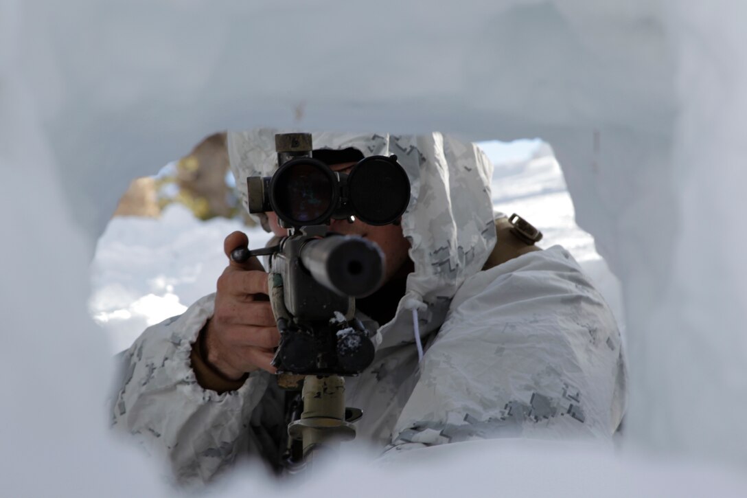 A scout sniper prepares his shot on target Jan. 24, 2011, during the Mountain Scout Sniper Course at Marine Corps Mountain Warfare Training Center, Bridgeport, Calif.