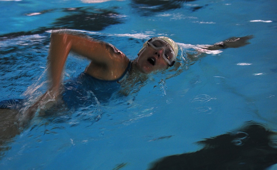 MOODY AIR FORCE BASE, Ga.--Amanda Merck swims her last lap during the Polar Bear Triathlon Jan. 22. Swimming eight laps was the first obstacle that needed to be accomplished before proceeding to the bike ride and run. (U.S. Air Force photo/Senior Airman Stephanie Mancha)(RELEASED)