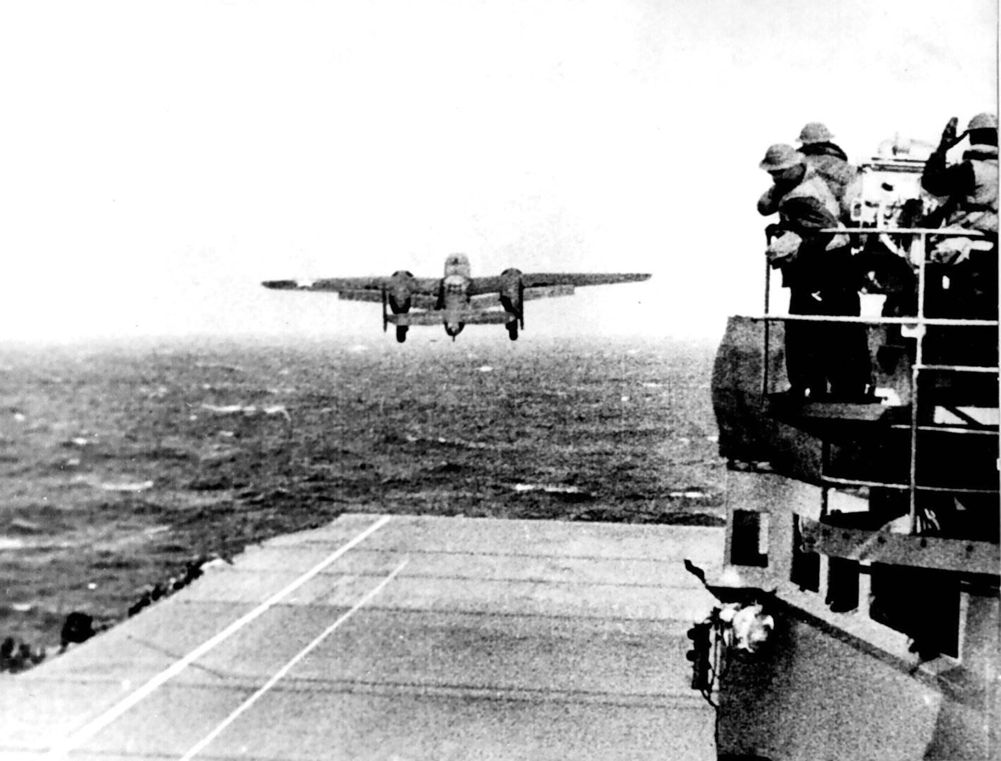 B-25 taking off the deck of the USS Hornet; Doolittle Tokyo raid, April 1942.