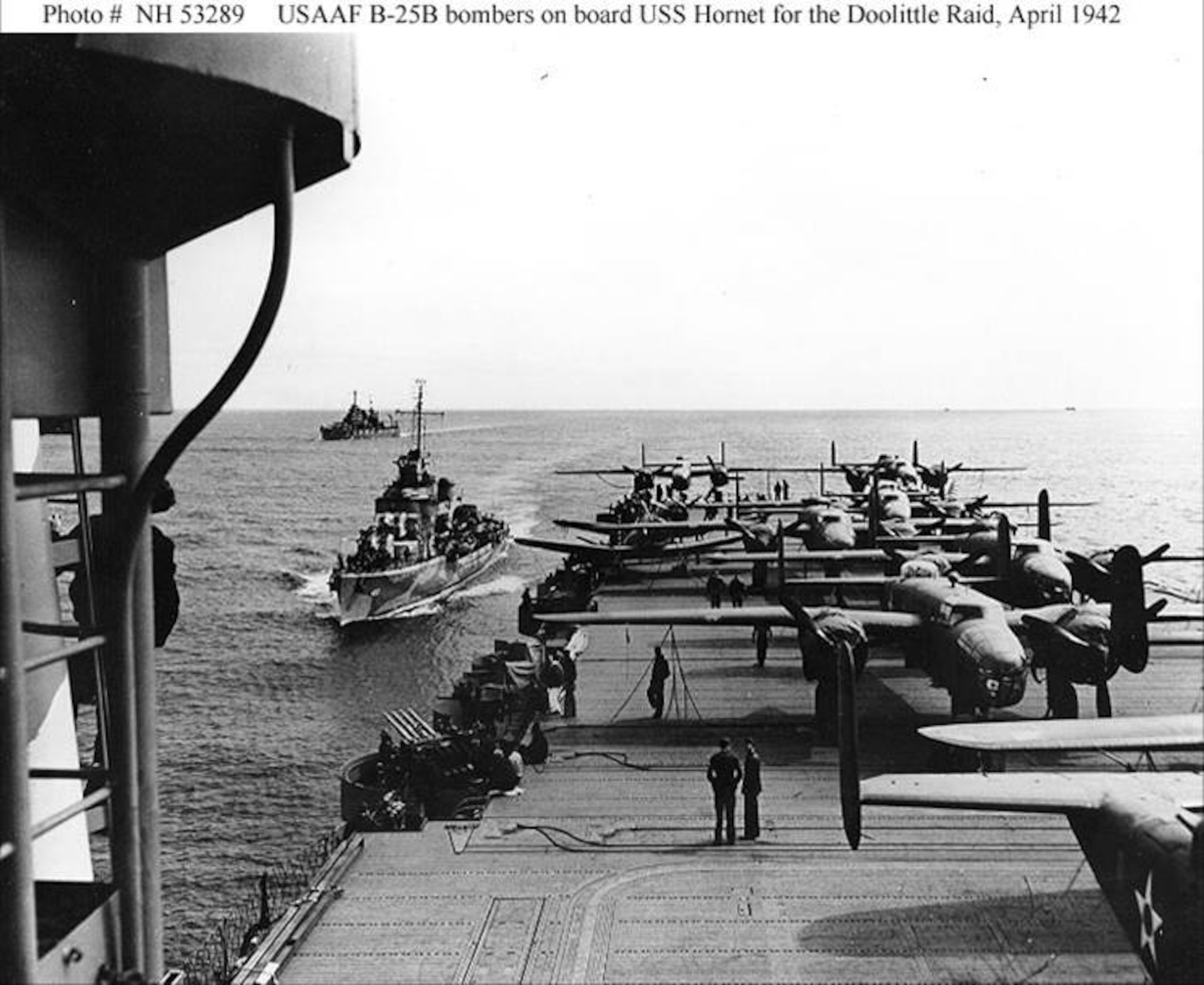 B-25s on deck of the USS Hornet during transport to launch point; Doolittle Tokyo Raid, April 1942.