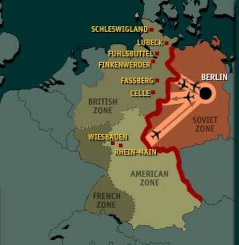 Map of occupation zones and air corridors during Berlin Airlift.