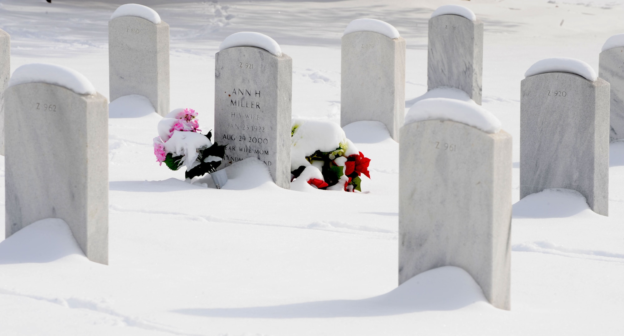 Gravestones of veterans and family members stretch in all directions, Jan. 21, 2010 at the Jefferson Barracks National Cemetery, Mo. The Scott Air Force Base Honor Guard performs numerous details for veterans at this cemetery as well as covering funerals throughout a four state region. Airmen of all ranks and units are assigned to the Honor Guard for four months at a time. (U.S. Air Force photo/Staff Sgt. Brian J. Valencia)