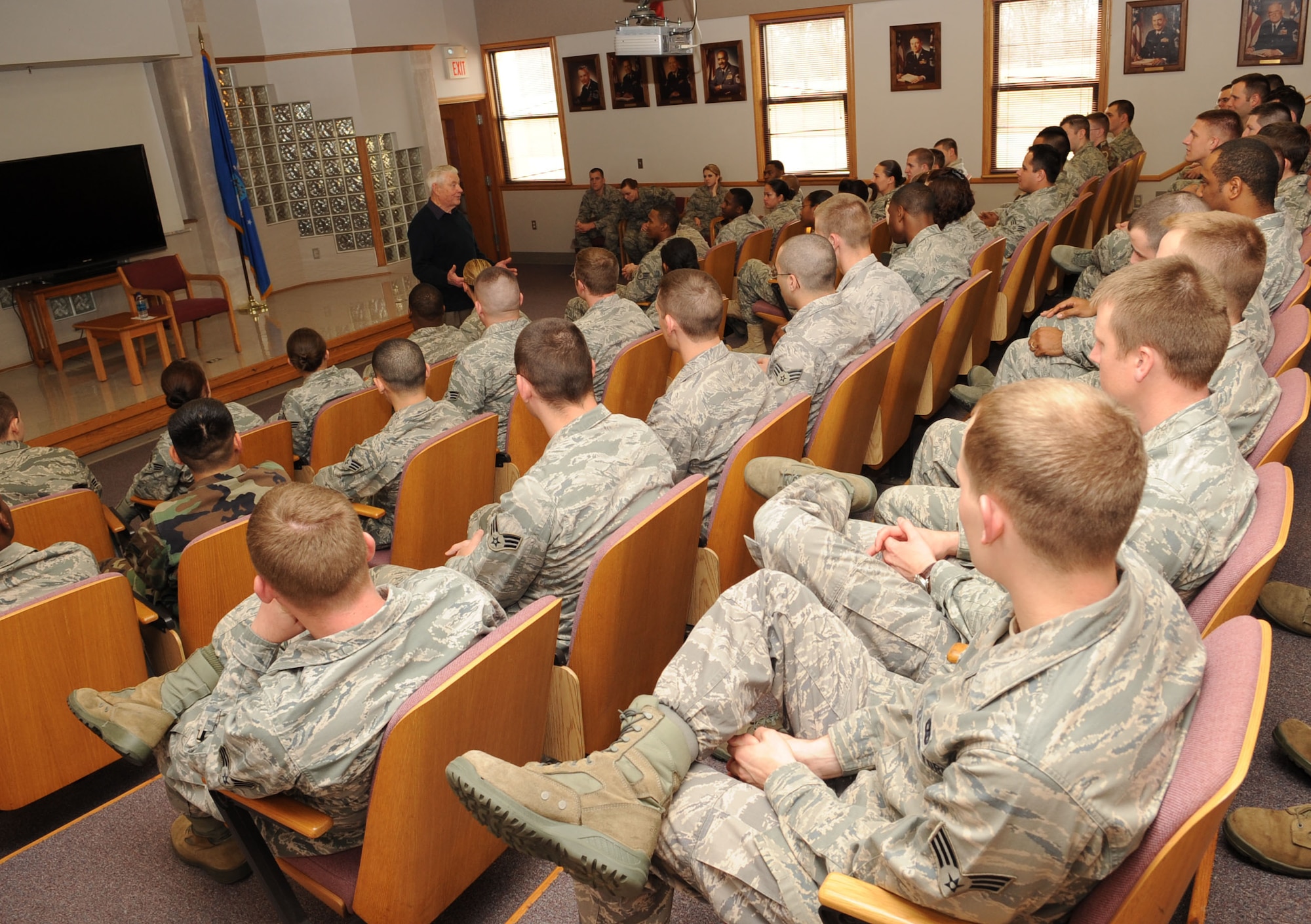 Chief Master Sergeant of the Air Force #5 Robert Gaylor speaks to students regarding his life experiences at the Airman Leadership School on Barksdale Air Force Base, La., Jan 21. Chief Gaylor toured Barksdale to meet with Airmen and speak at the Chief Recognition Ceremony later that night. (U.S. Air Force photo/Airman 1st Class Sean Martin)(Released)