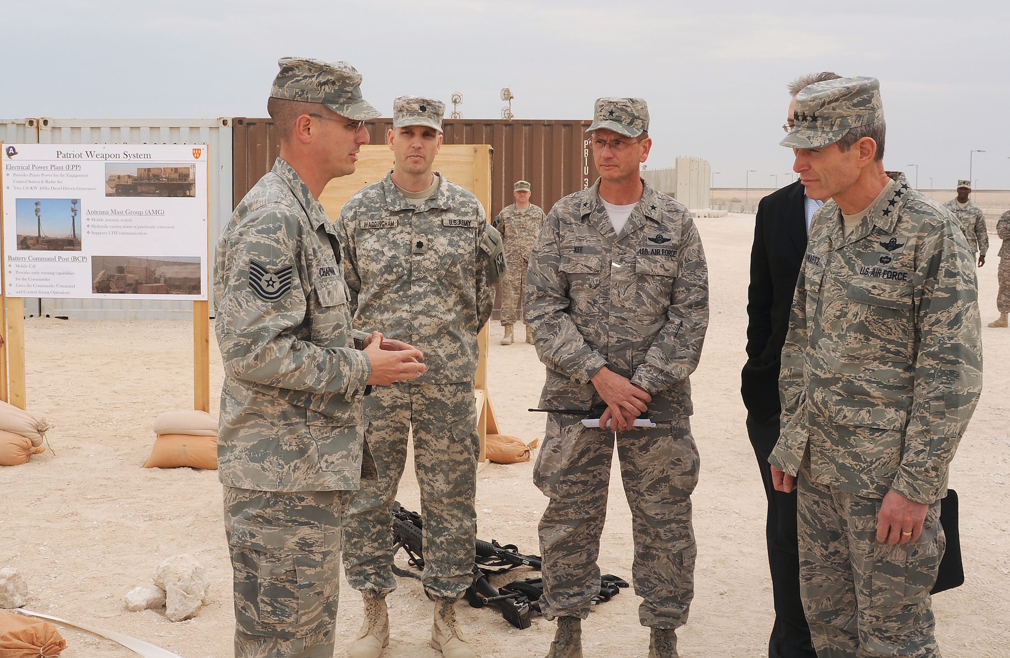Tech. Sgt. Christopher Chapman briefs Air Force Chief of Staff Gen. Norton Schwartz on the capabilities of security forces joint training with the Army during his visit to Southwest Asia, Jan. 17.  General Schwartz toured work areas, visited with Airmen around the base and addressed issues affecting the Air Force.  (U.S. Air Force photo/Staff Sergeant Liliana Moreno)