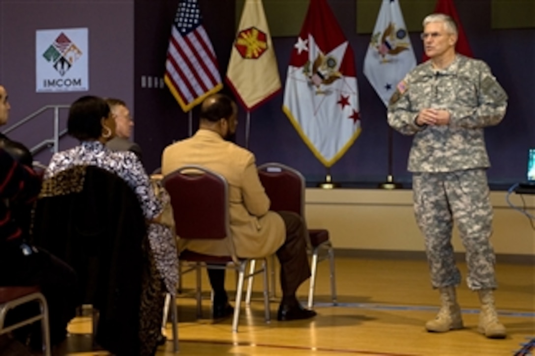 U.S. Army Chief of Staff Gen. George W. Casey Jr. addresses staff members of Installation Management Command Headquarters during a town hall meeting in San Antonio, Texas, on Jan. 21, 2011.  
