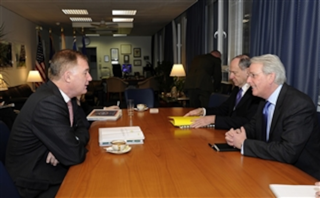 Deputy Secretary of Defense William J. Lynn III meets with U.S. Ambassador to NATO Ivo Daalder at NATO Headquarters in Brussels, Belgium, on Jan. 24, 2011.  