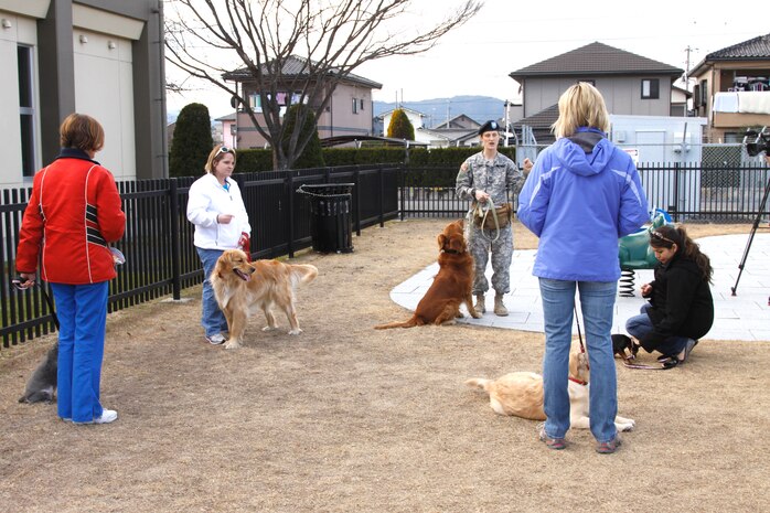 Army Capt. Kimberly Yore, officer-in-charge of the Iwakuni branch veterinary services, instructs dog owners during a dog training course hosted by the Iwakuni branch veterinary services at the park next to the Thrift Store here Jan. 25 in support of National Train Your Dog Month. Four station dog owners attended the training course along with dogs.