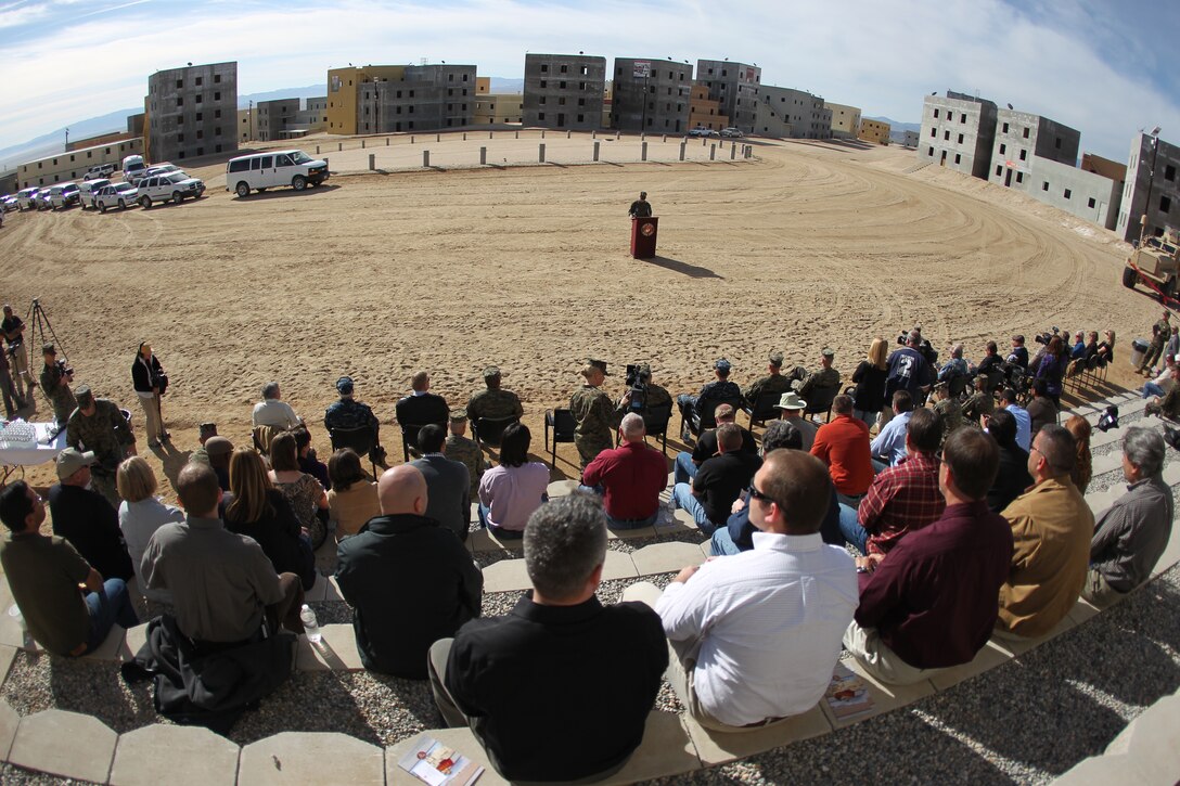 Brig. Gen. H. Stacy Clardy III, the Combat Center’s commanding general, speaks during the ribbon cutting ceremony of the 274-acre Combined Arms Military Operations on Urban Terrain range complex Jan. 25, 2011. Marine leaders, local civilian officials, and other special guests were present for the unveiling of the Corps’ newest and largest range complex of its kind.