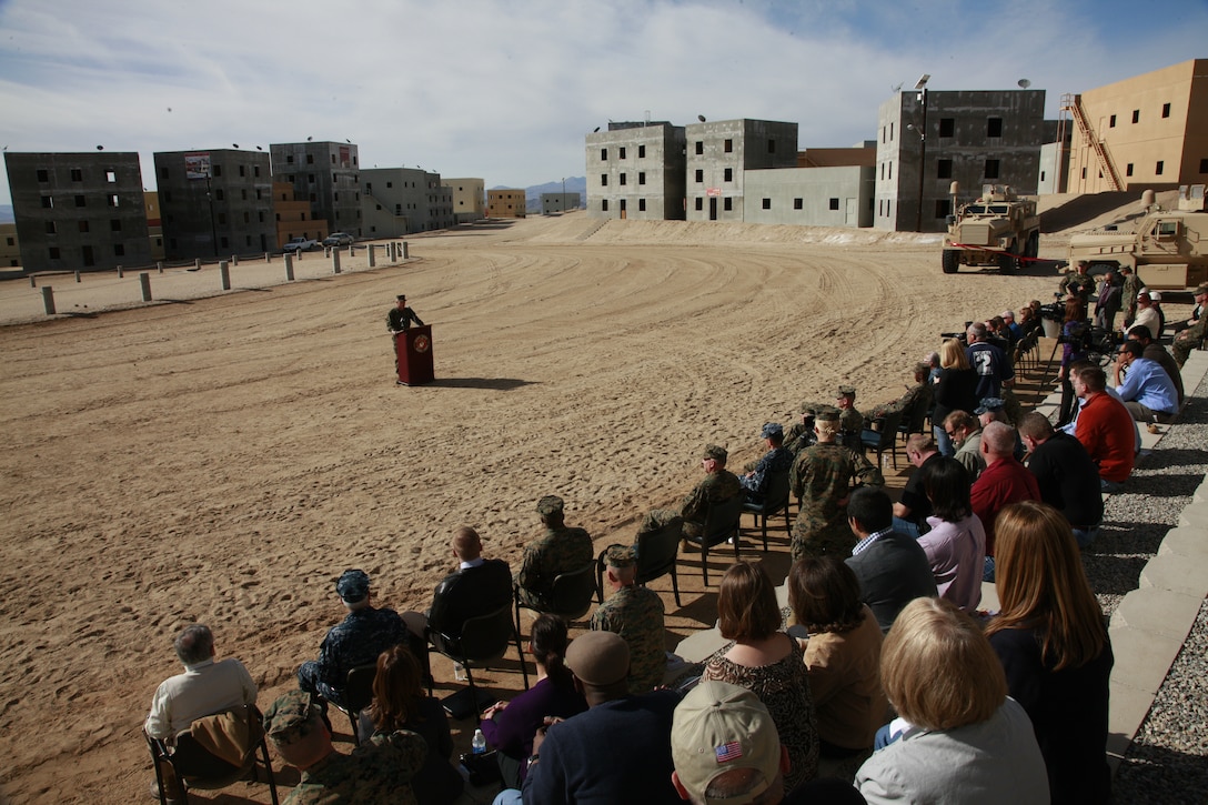 Brigadier Gen. H. Stacy Clardy III, the Combat Center’s commanding general, addresses attendees Jan. 25, 2011, during the ribbon cutting ceremony of the 274-acre Combined Arms Military Operations on Urban Terrain range complex, the Corps’ newest and largest range complex of its kind.