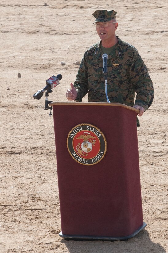 Col. David Smith, program manager, Training Systems, Marine Corps Systems Command, Quantico, V., addresses attendees Jan. 25, 2011, during the ribbon cutting ceremony of the 274-acre Combined Arms Military Operations on Urban Terrain range complex, the Corps’ newest and largest range complex of its kind.